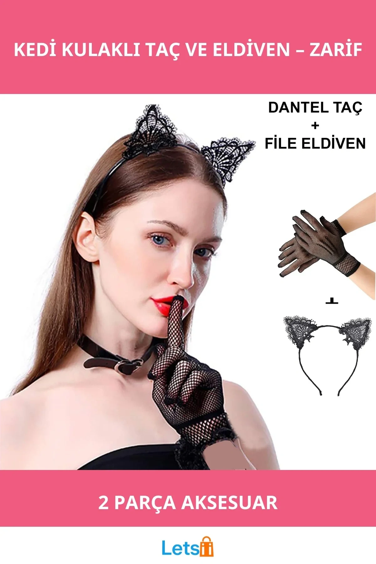 Siyah Dantel Kedi Kulaklı Taç ve File Eldiven Kombini Parti ve Kostüm Aksesuarı