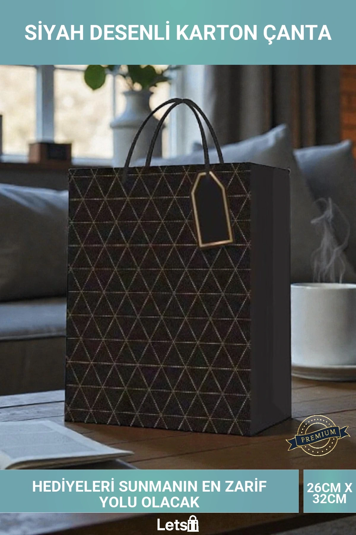 Siyah Desenli Büyük Boy Hediye Karton Çanta