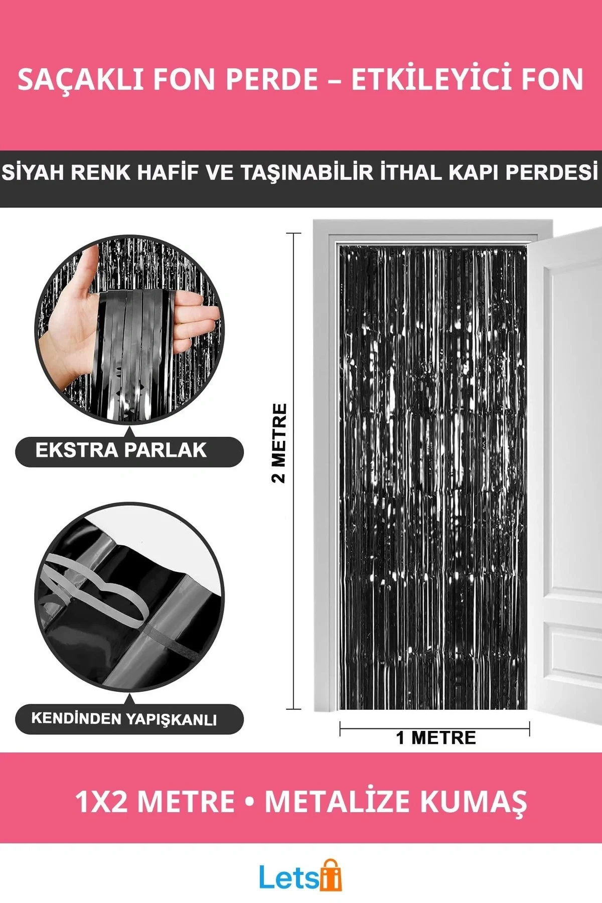 Siyah Ekstra Metalize Parlak Saçaklı Arka Fon Perde 1x2 metre