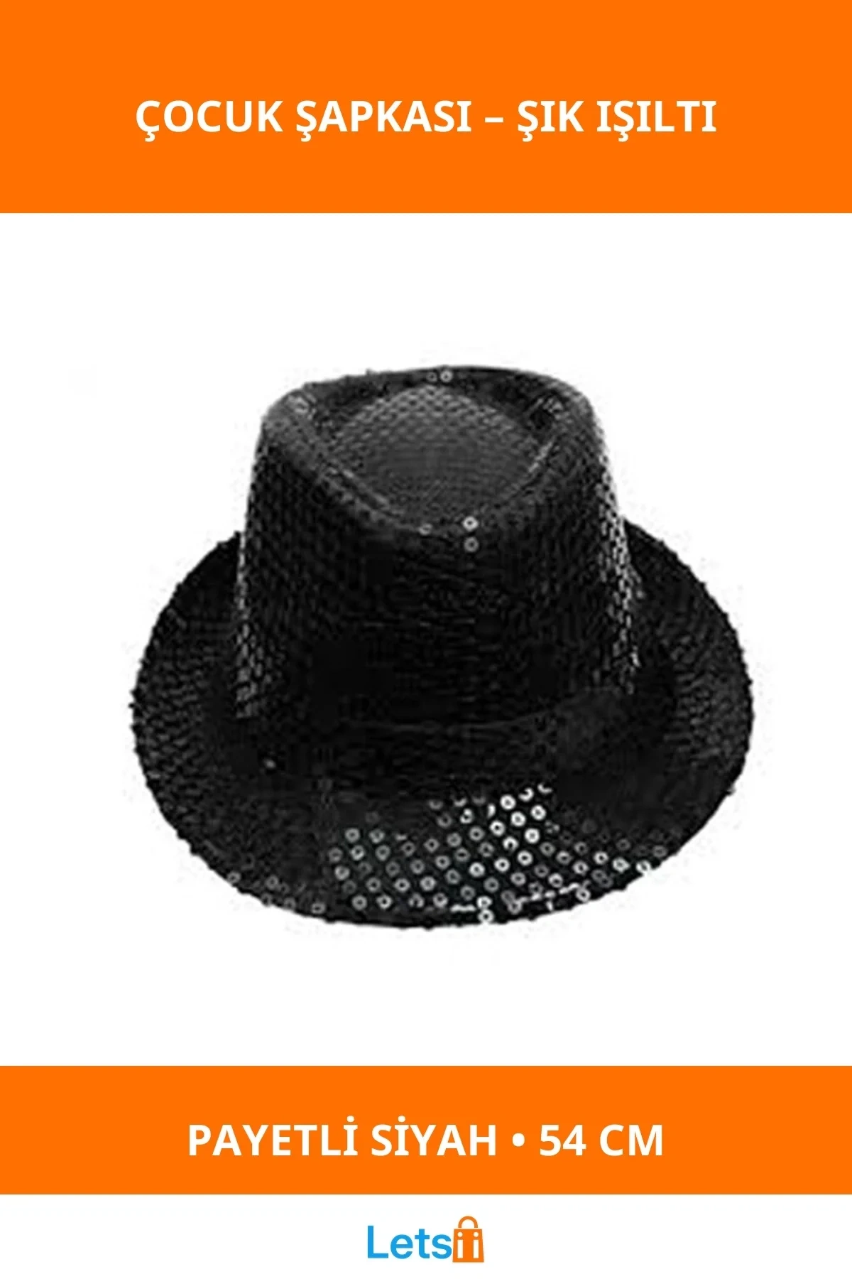 Siyah Fötr Çocuk Şapkası 54 cm Payetli