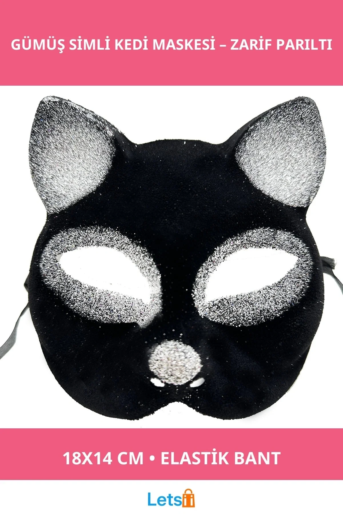 Siyah Gümüş Simli Zarif Kedi Maskesi Kostüm Partileri için