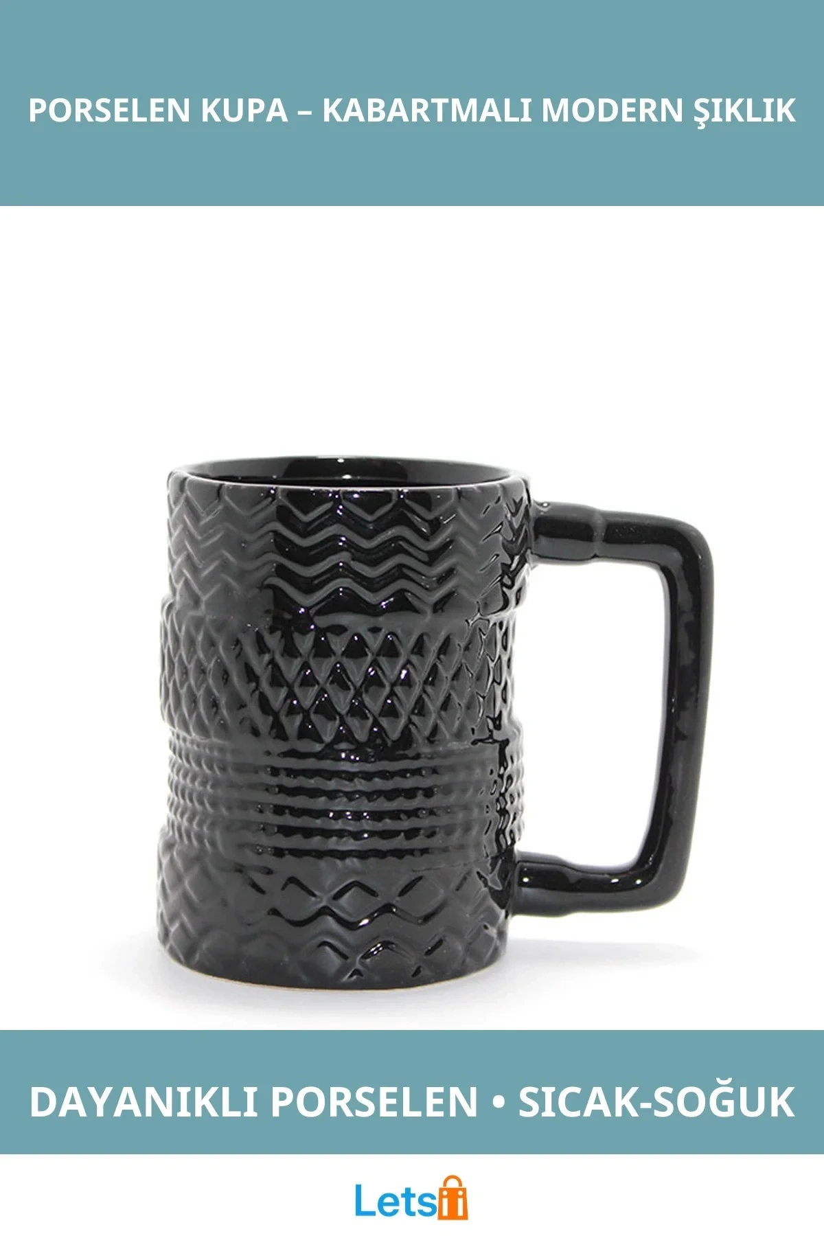 Siyah Kabartmalı Tasarım Porselen Kupa Bardak