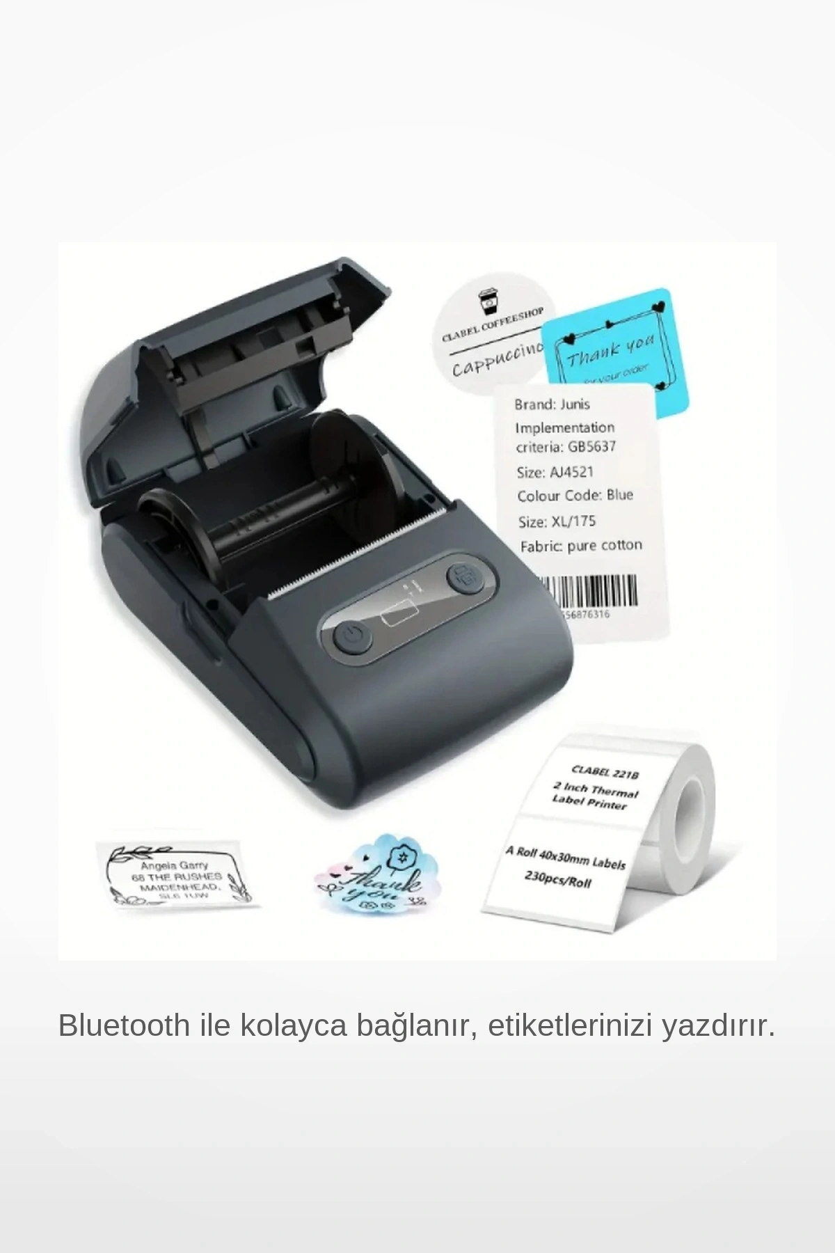 Siyah Kablosuz Bluetooth Termal Etiket Yazıcısı Portatif Barkod Makinesi Type C Şarjlı 4 Rulo Hediyeli