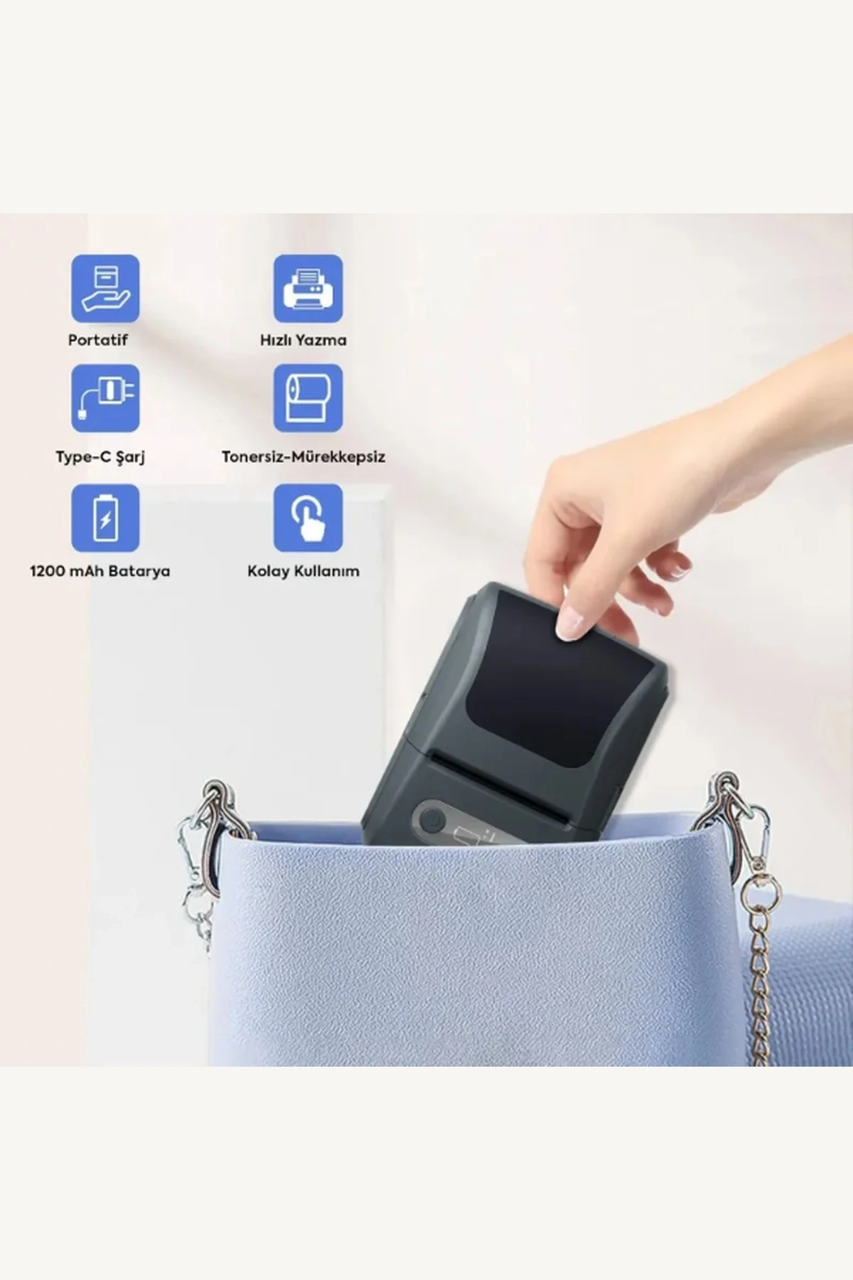 Siyah Kablosuz Bluetooth Termal Etiket Yazıcısı Portatif Barkod Makinesi Type C Şarjlı 4 Rulo Hediyeli