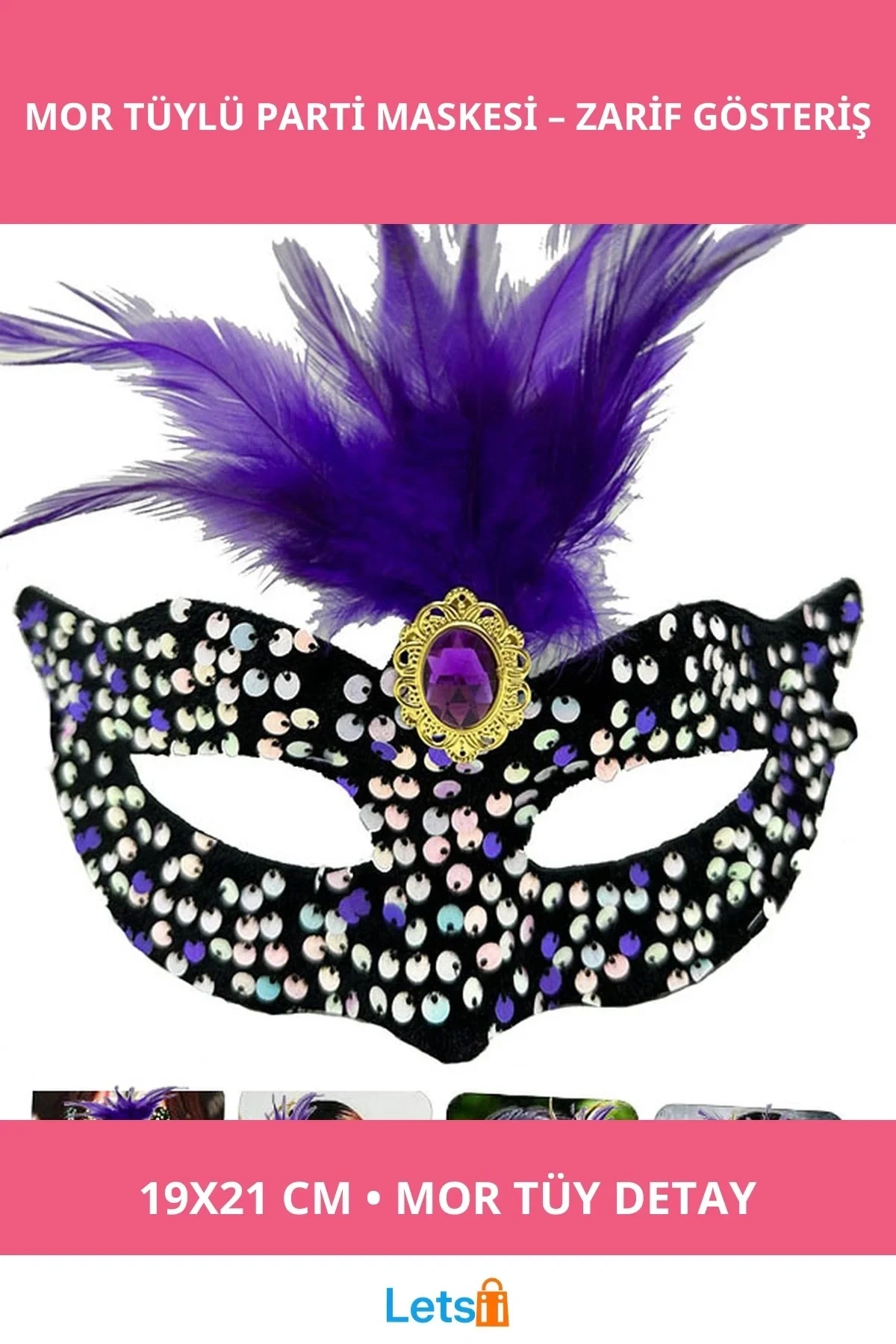 Siyah Kadife Payetli Pullu Mor Tüylü Parti Maskesi