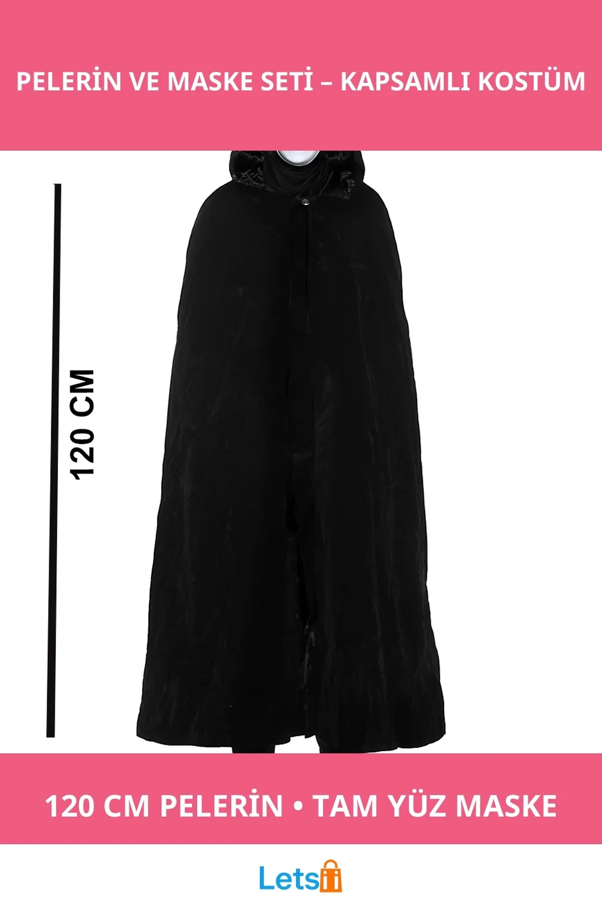 Siyah Kapüşonlu 120 cm Pelerin ve Beyaz Boyanabilir Tam Yüz Maske Kostüm