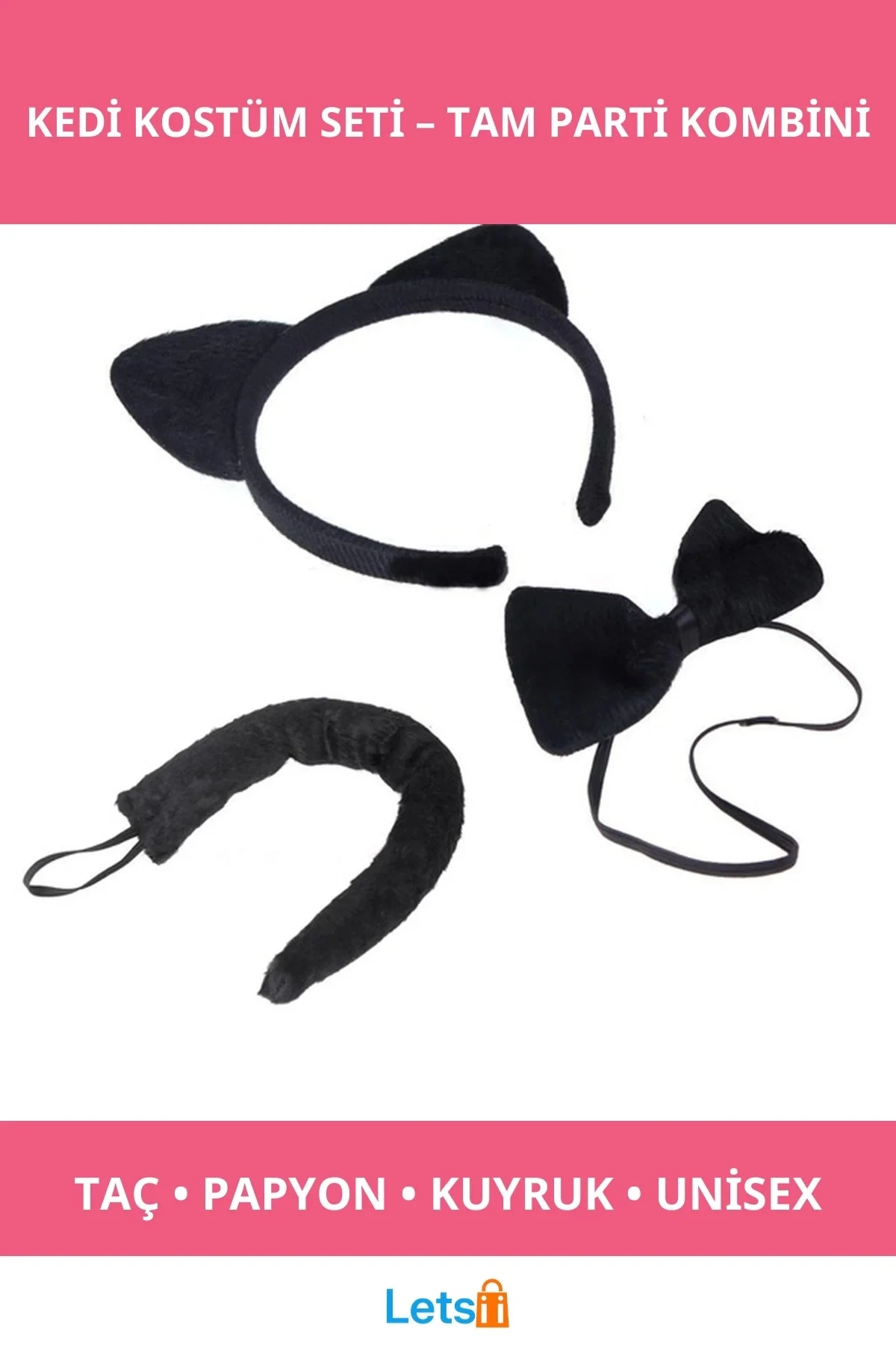 Siyah Kedi Kostümü Taç Kuyruk Papyon Seti