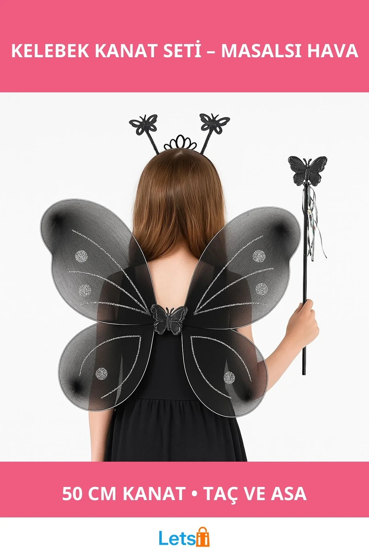 Siyah Kelebek Kanatlı Taç ve Asa Seti 50 cm