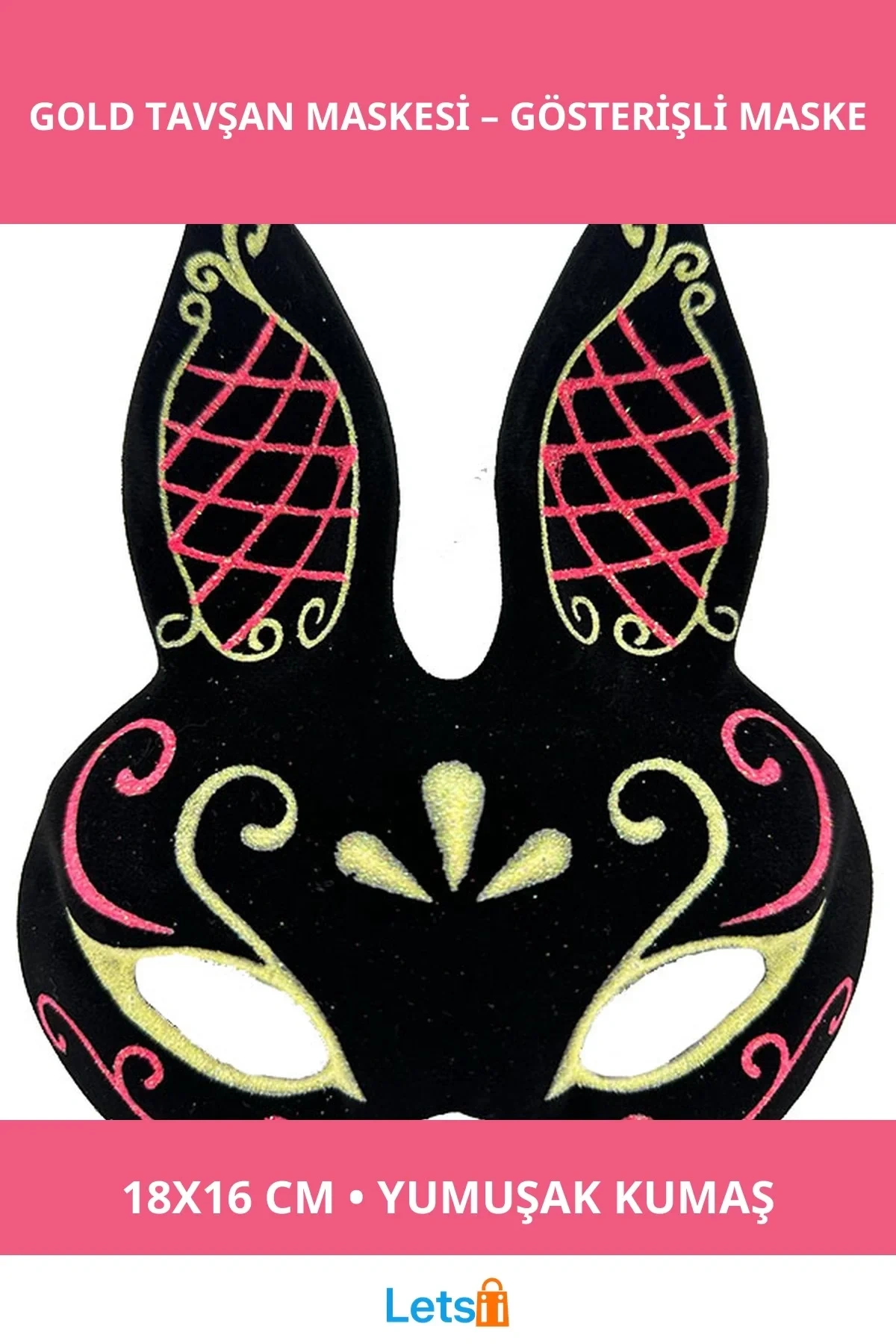 Siyah Kırmızı Gold Tavşan Maskesi 18x16 cm Parti Kostüm