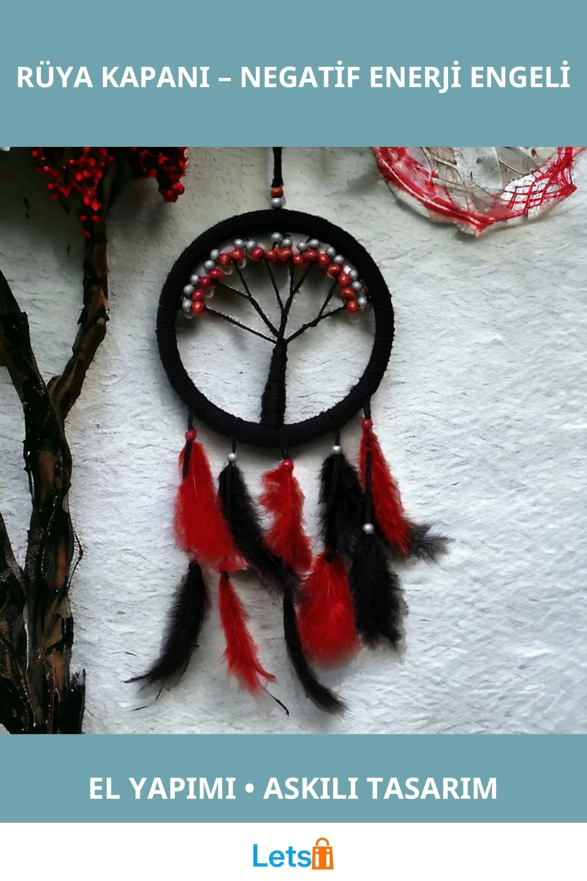 Siyah Kırmızı Hayat Ağacı Rüya Kovanı Dream Catcher