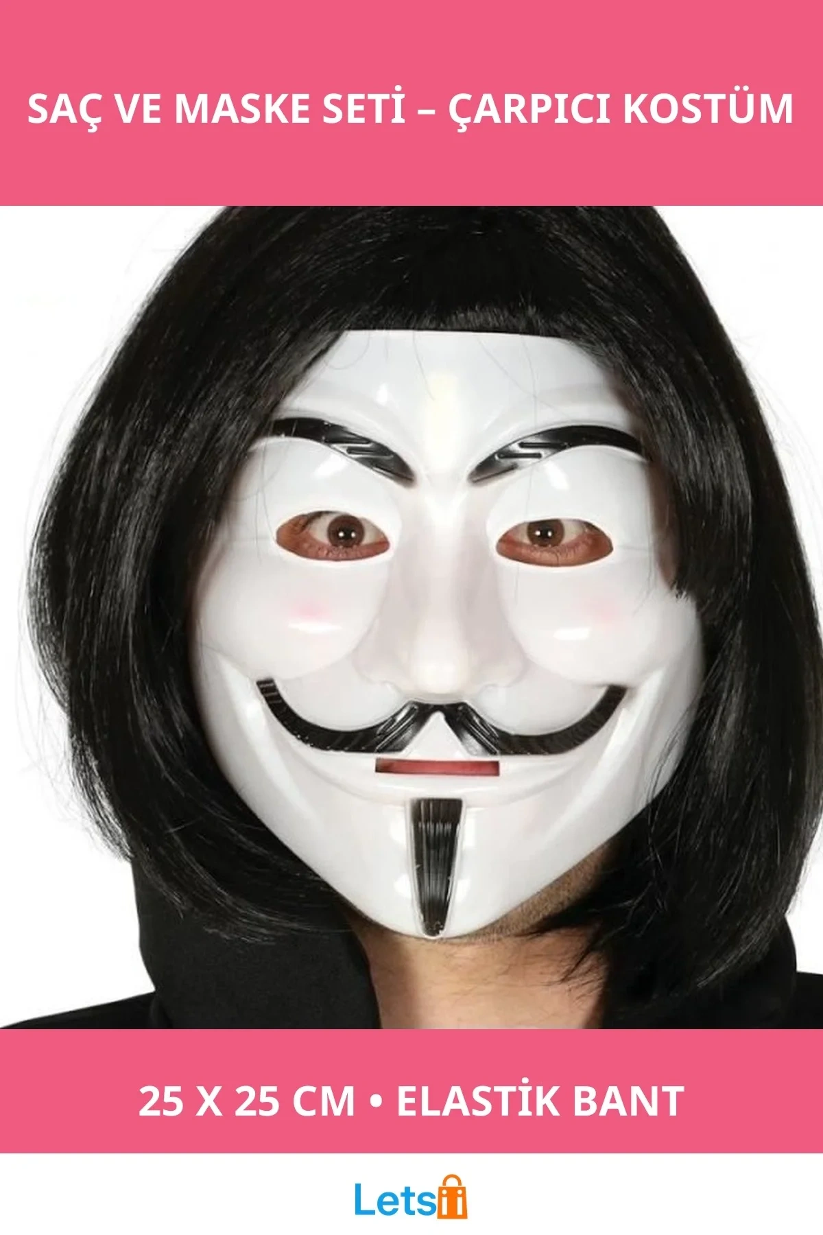Siyah Kısa Saç ve V For Vendetta Maskesi Parti Kostümü