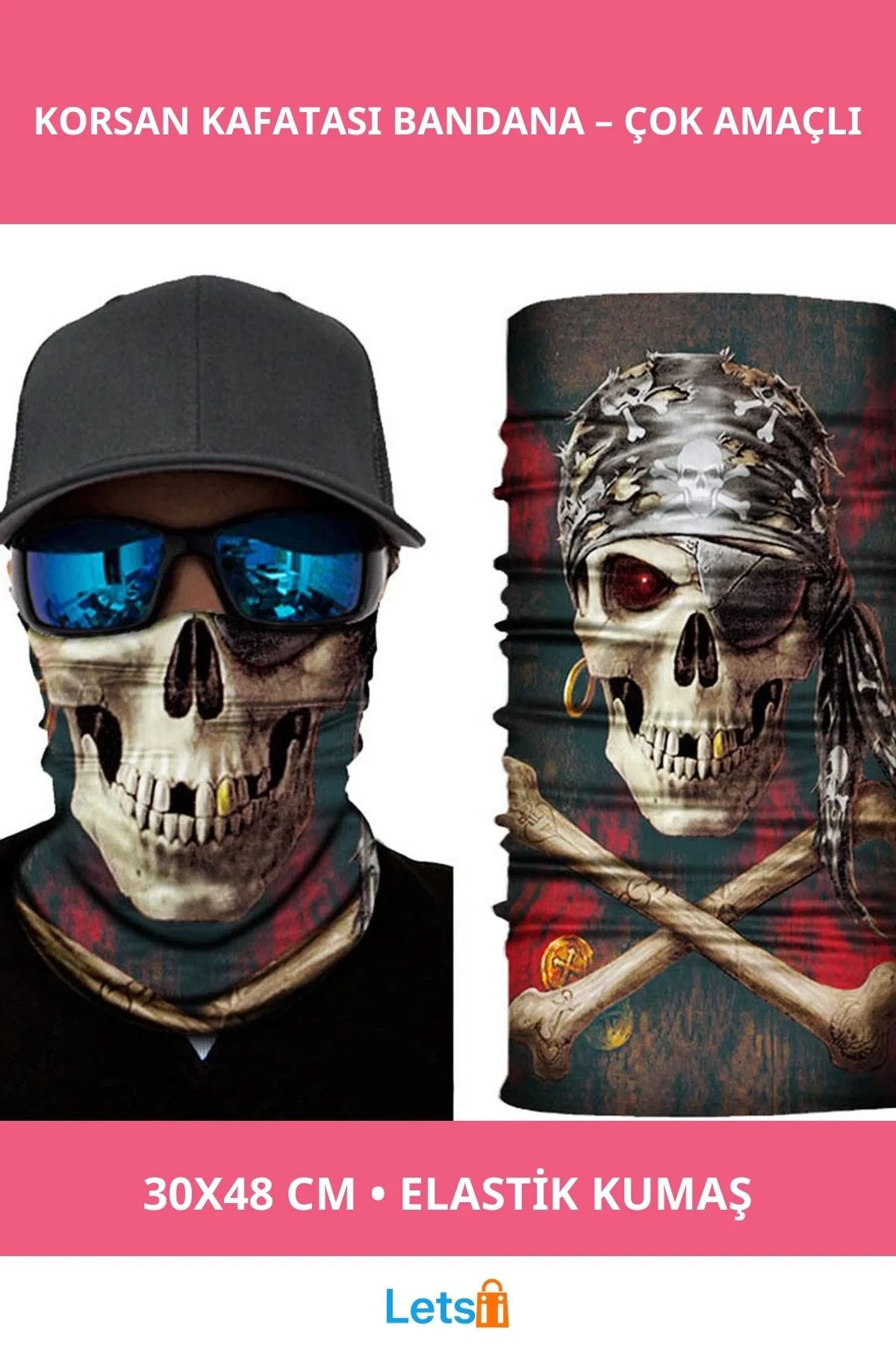 Siyah Korsan Kafatası Baskılı Buff Bandana 30x48 cm Çok Amaçlı Kullanım