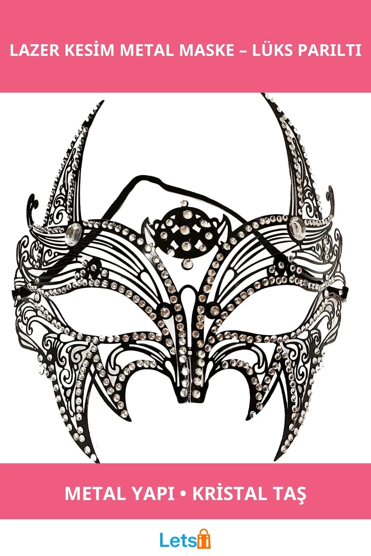 Siyah Lazer Kesim Kristal Taşlı Metal Lüks Maske