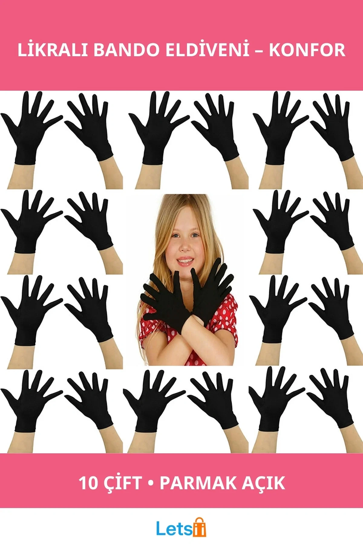 Siyah Likralı Esnek Bando Gösteri Eldiveni 10 Çift