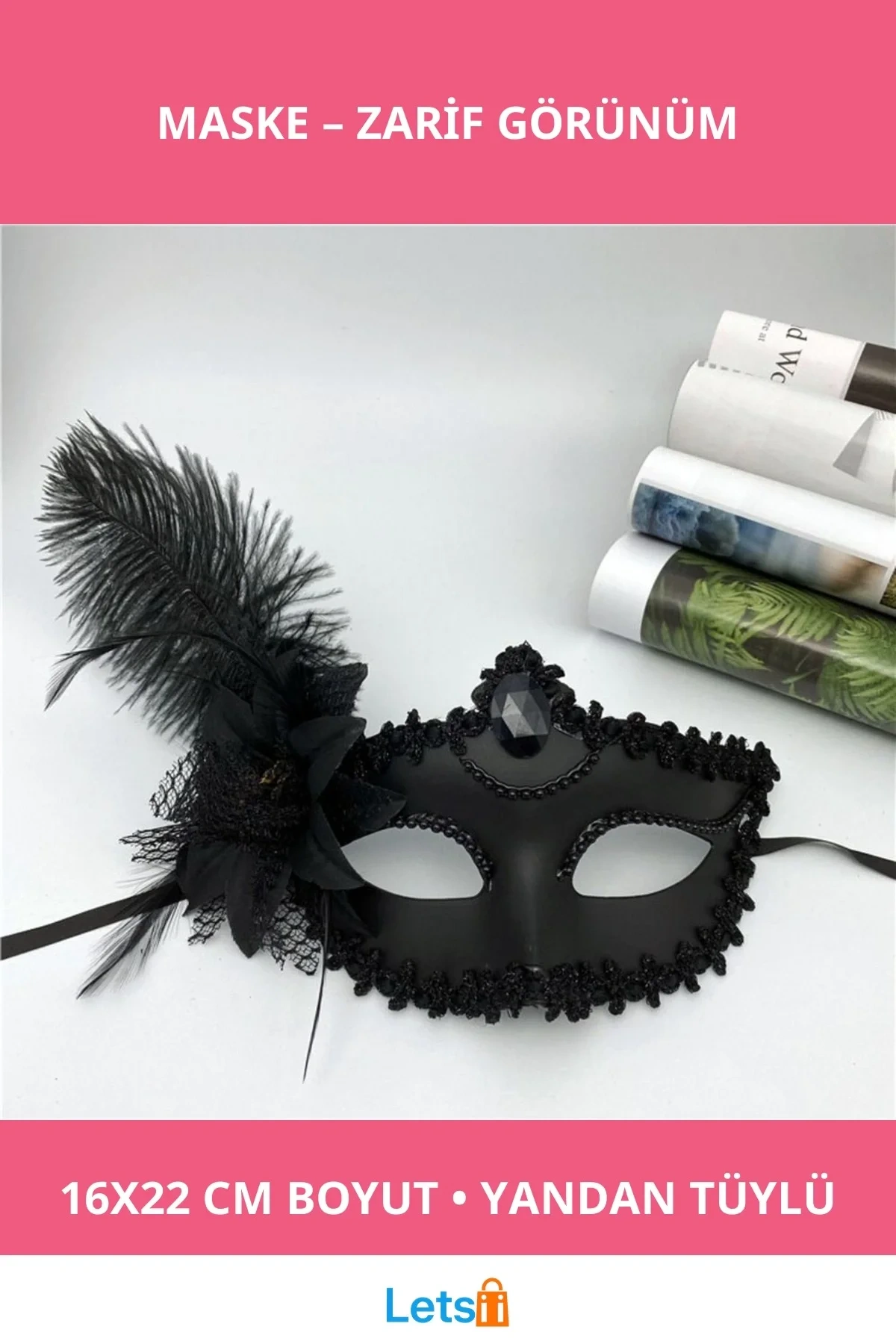 Siyah Mat Renk Yandan Tüylü Güllü Venedik Maskesi