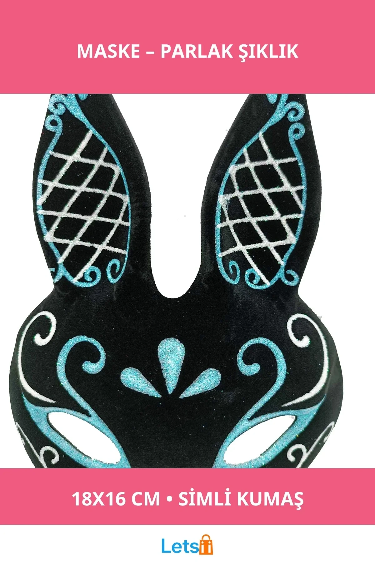 Siyah Mavi Beyaz Simli Tavşan Maskesi Kostüm Aksesuarı