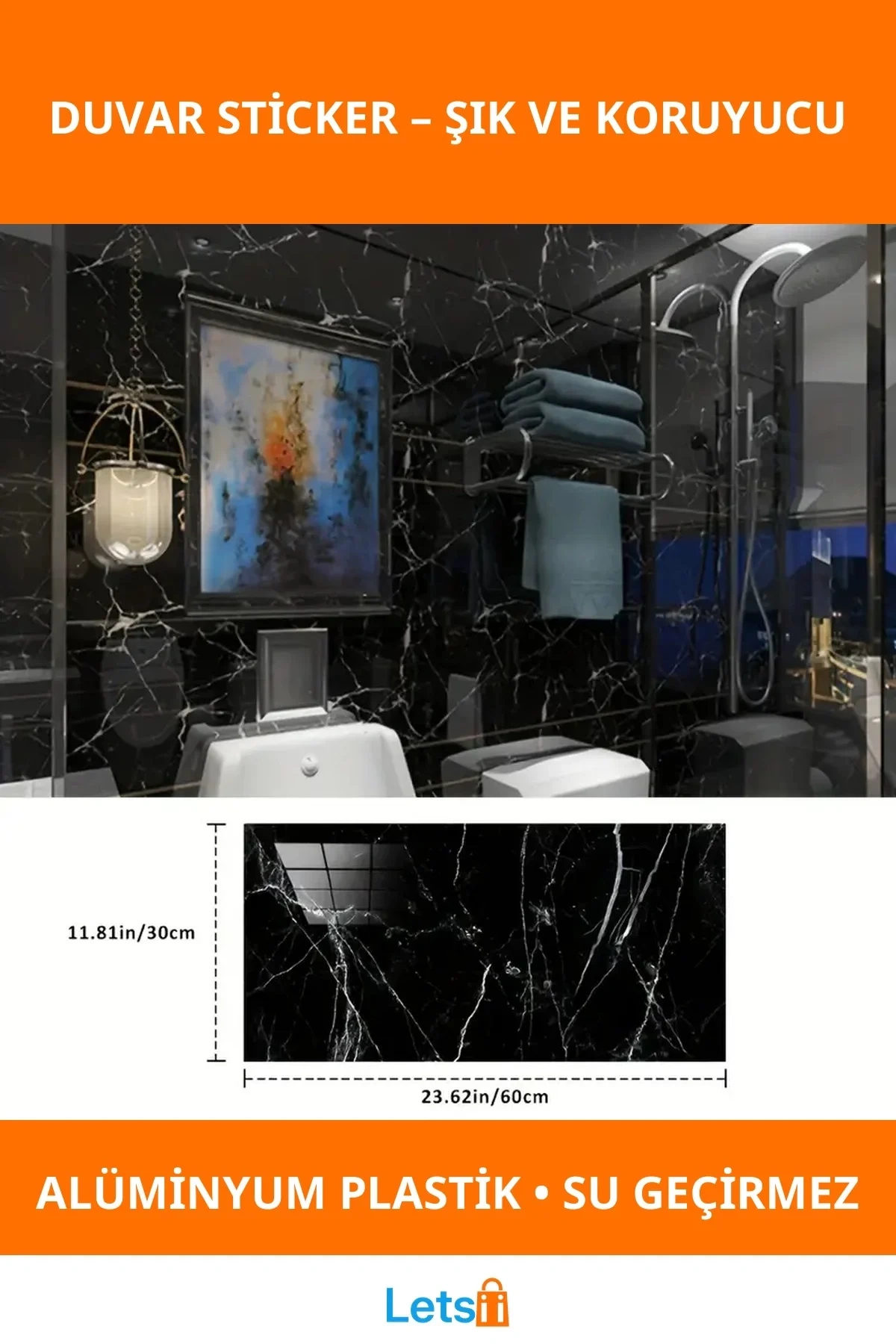 Siyah Mermer Desenli Su Geçirmez Alüminyum Plastik Duvar Sticker