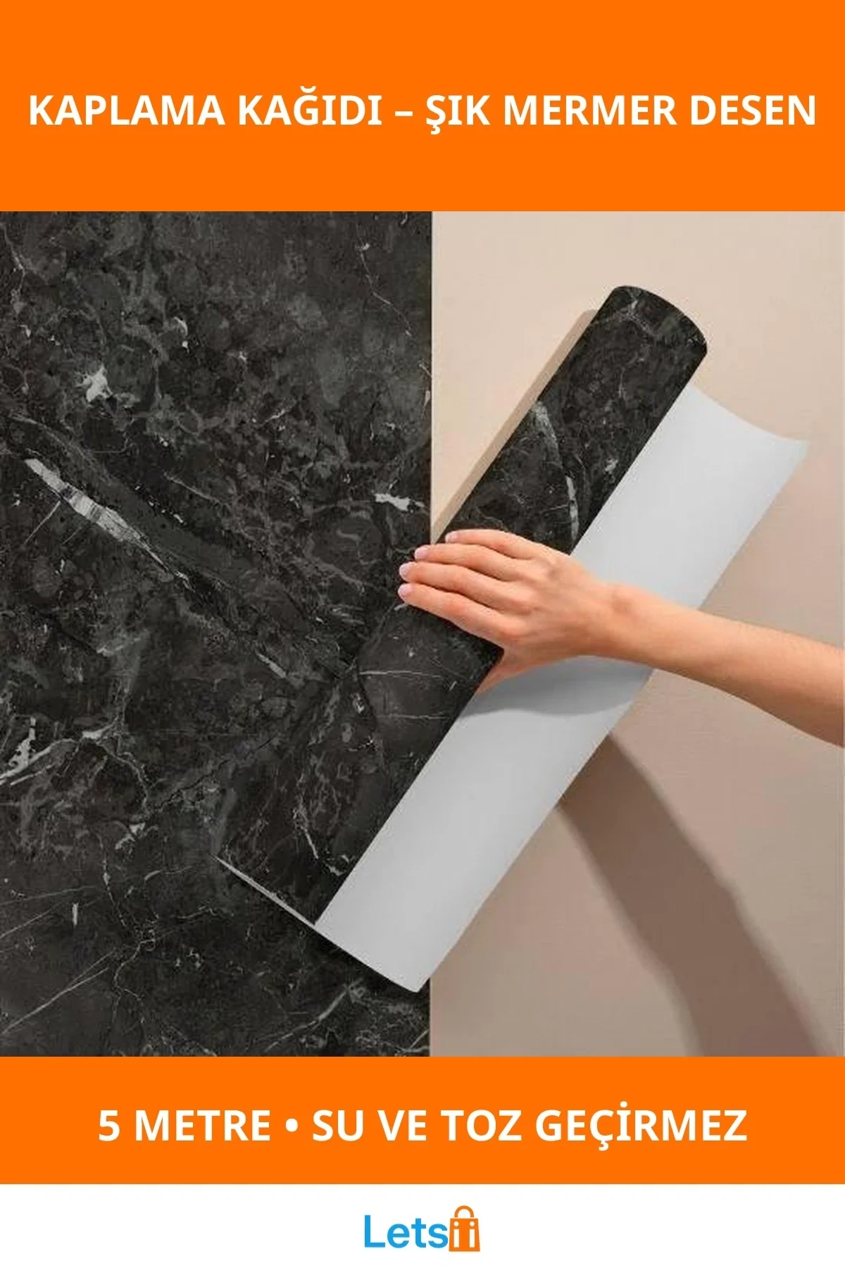 Siyah Mermer Desenli Su Geçirmez Yapışkanlı Kaplama Kağıdı 5 Metre 60 cm