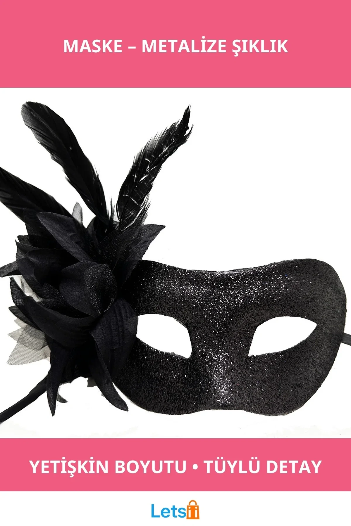 Siyah Metalize Tüylü Şık Parti Maskesi