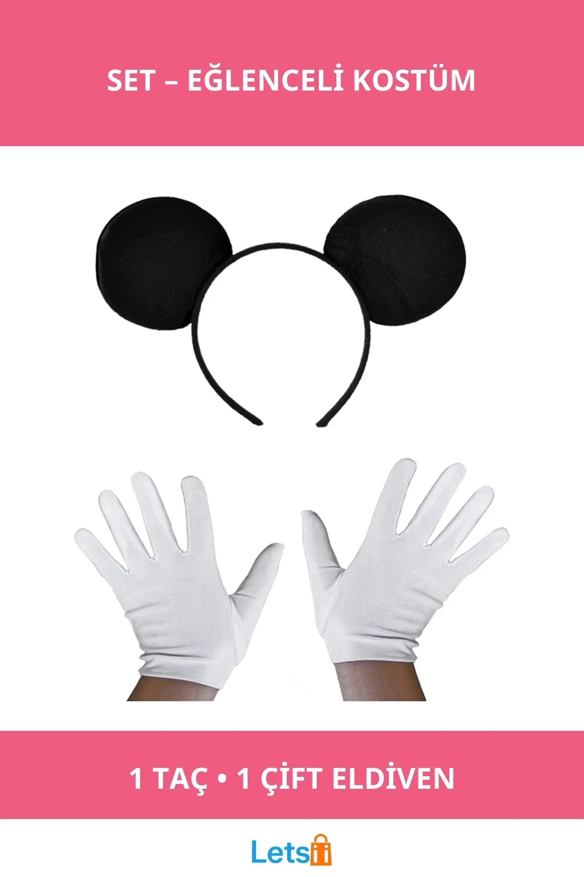 Siyah Mickey Mouse Temalı Taç ve Beyaz Eldiven Aksesuarı