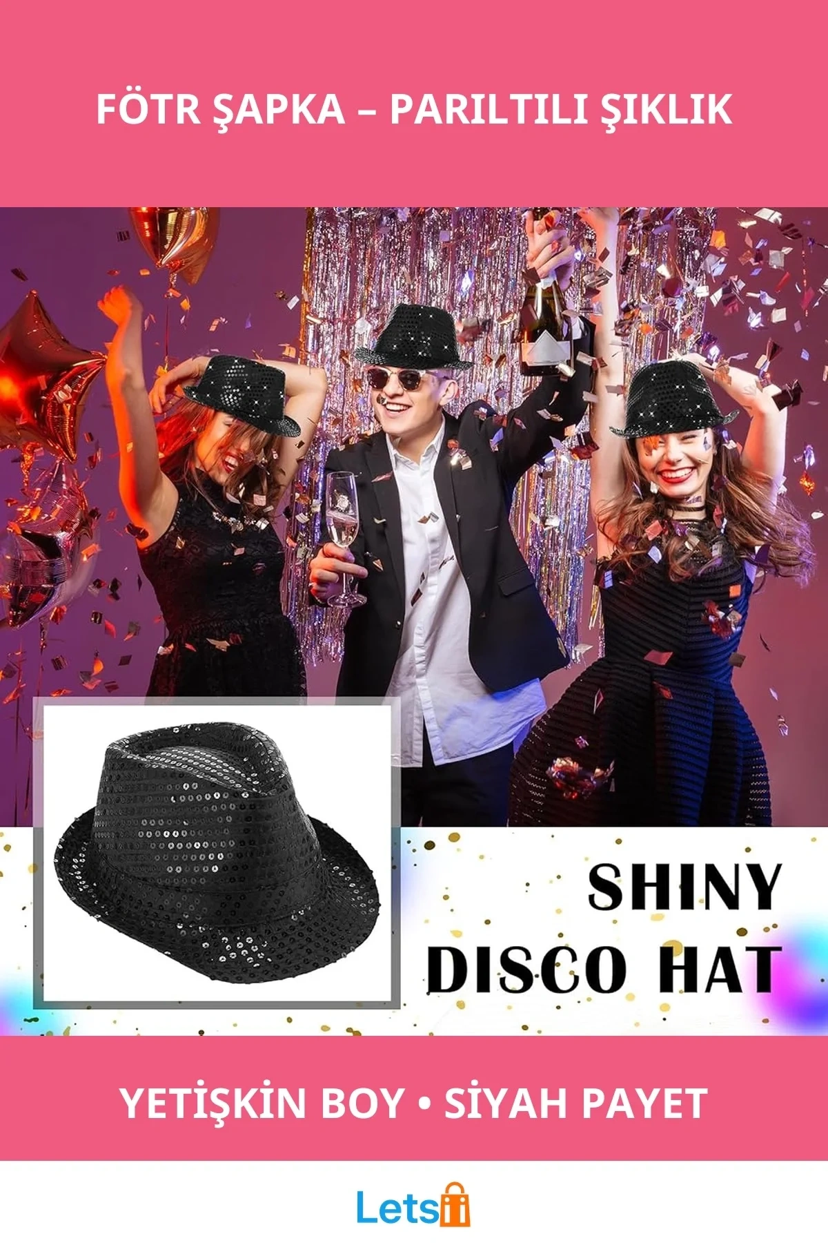 Siyah Payetli Şık Fötr Şapka Yetişkin Boy