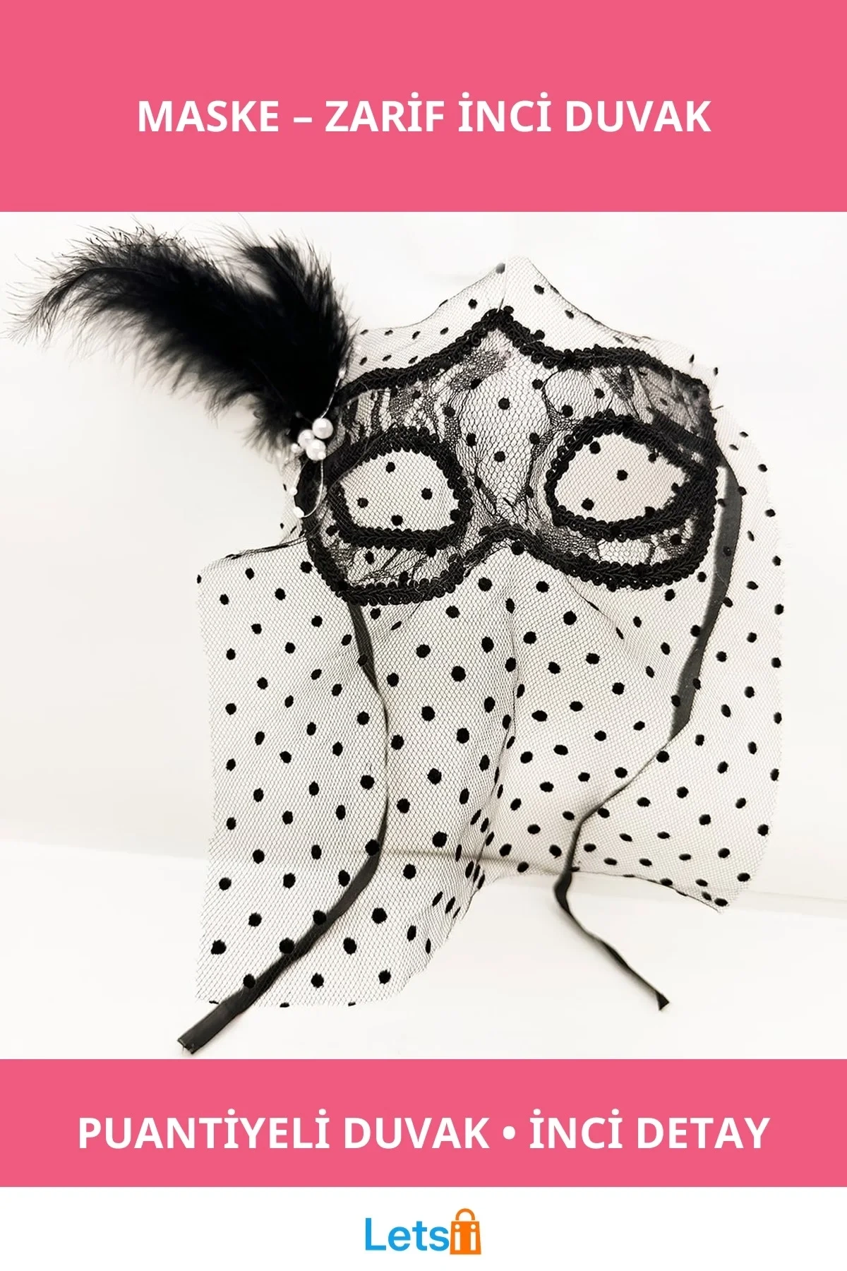 Siyah Puantiyeli Duvaklı İncili Parti Maskesi