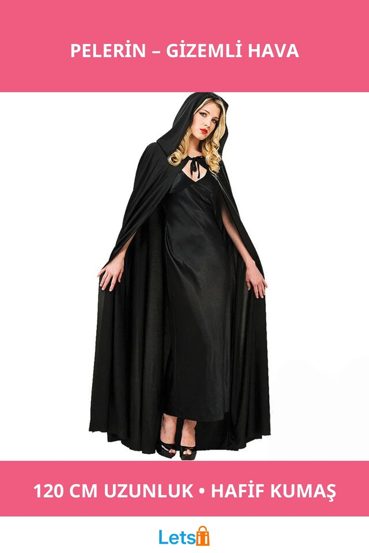 Siyah Renk Kapşonlu Pelerin Kostüm Partileri İçin İdeal