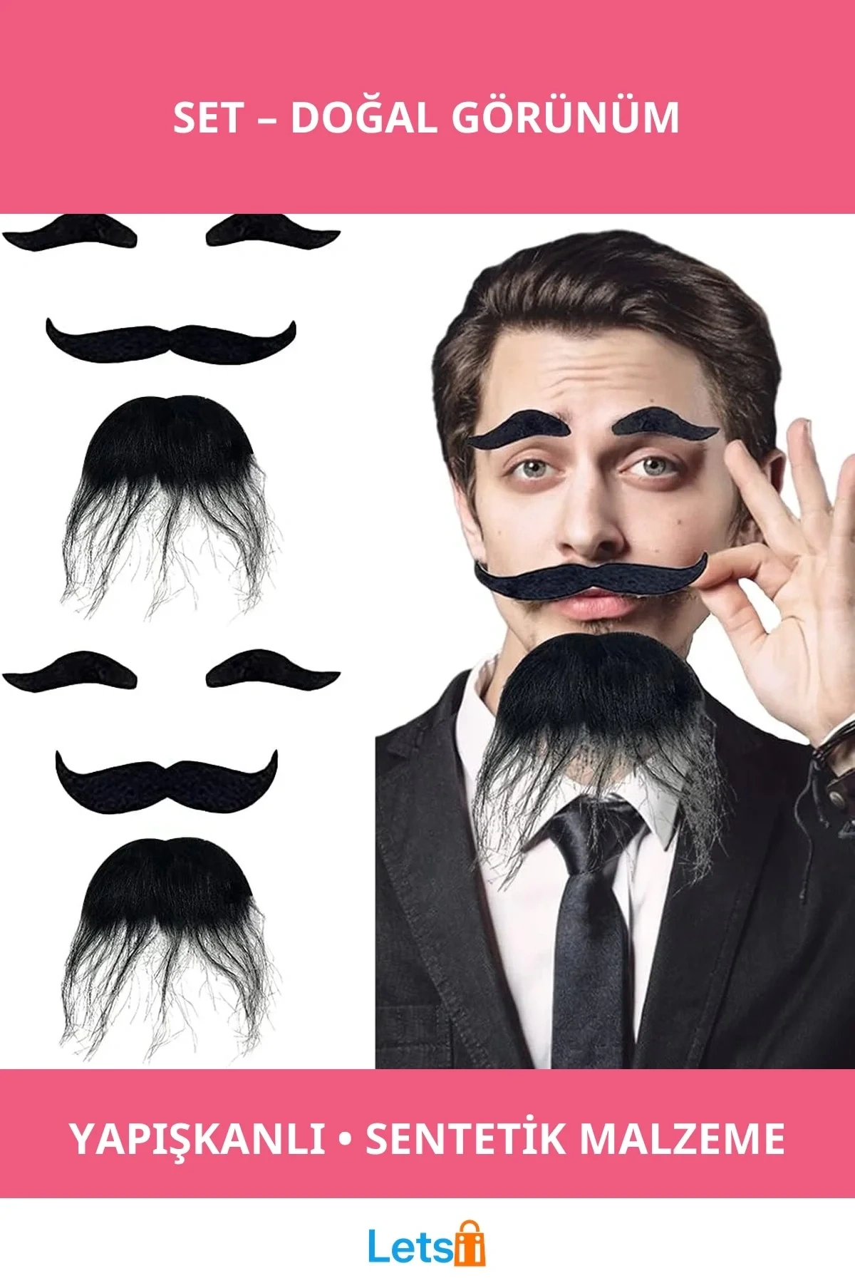 Siyah Renk Kendinden Yapışkanlı Takma Sakal Bıyık ve Kaş Seti