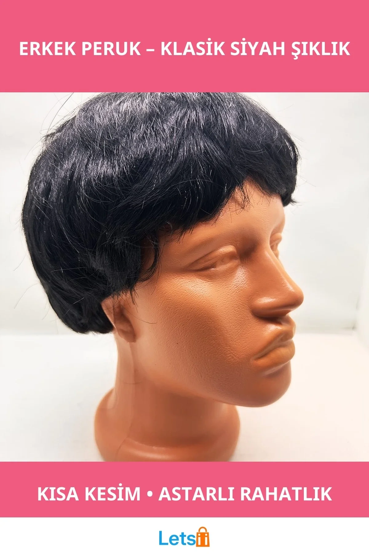 Siyah Renk Kısa Kesim İç Astarlı Erkek Peruğu