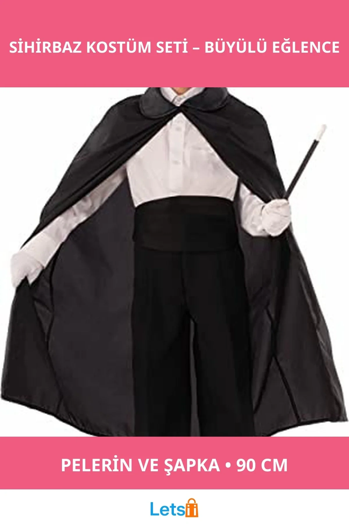 Siyah Renk Sihirbaz Pelerini ve Şapkası 90 cm Çocuk Kostümü