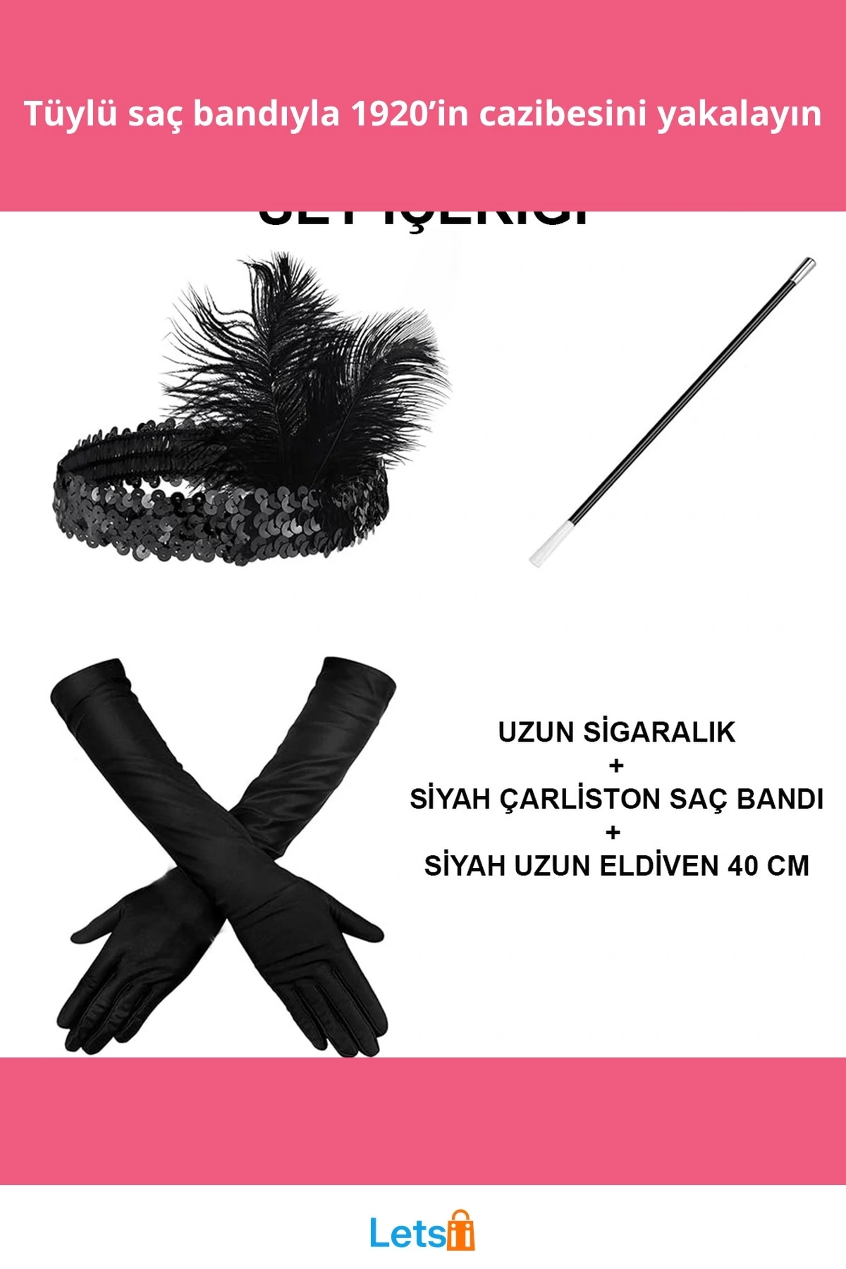 Siyah Retro Tüylü Saç Bandı Uzun Eldiven Sigaralık Aksesuar Seti
