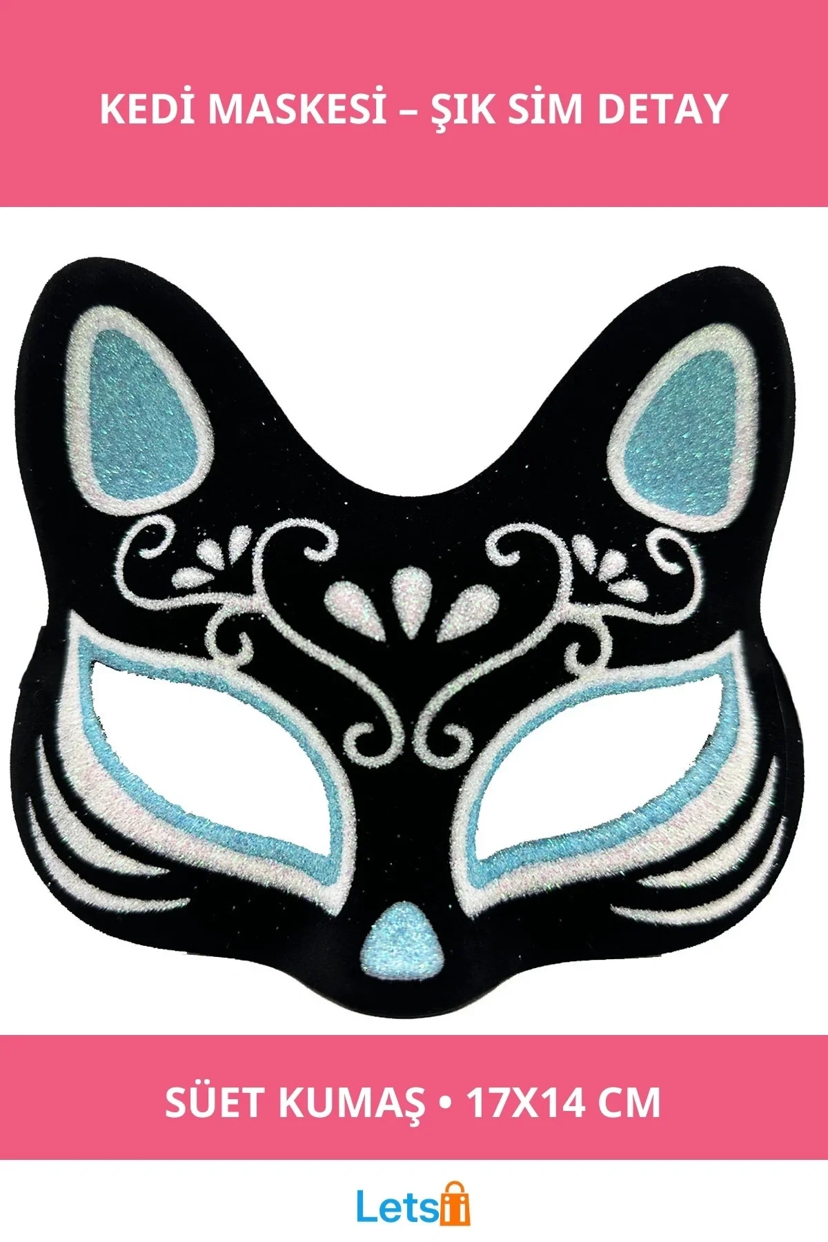 Siyah Süet Gümüş Mavi Simli Kadın Kedi Maskesi
