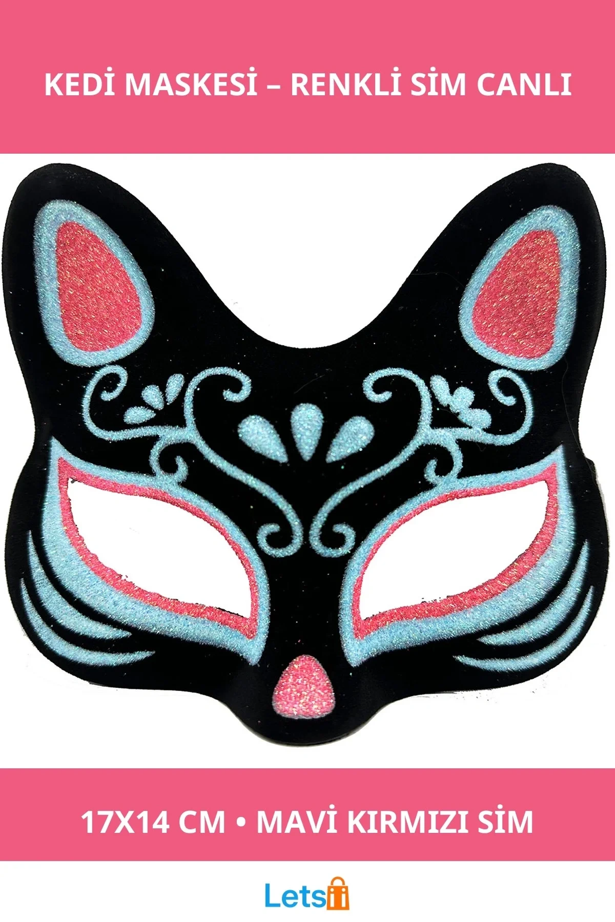 Siyah Süet Mavi Kırmızı Simli Kedi Maskesi 17x14 cm