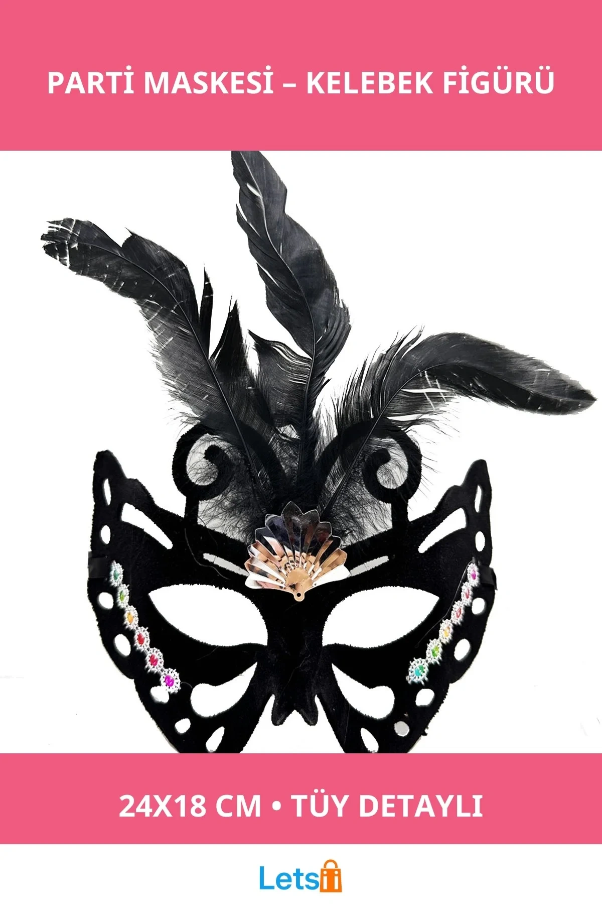 Siyah Süet Tüylü Kelebek Figür Parti Maskesi