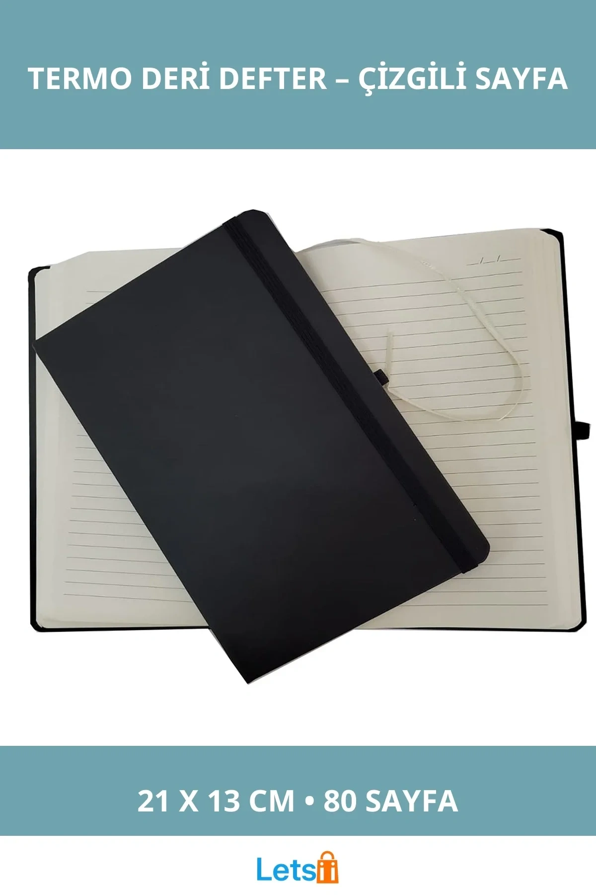 Siyah Termo Deri Çizgili Defter 21x13 cm Günlük ve İş Kullanımı için