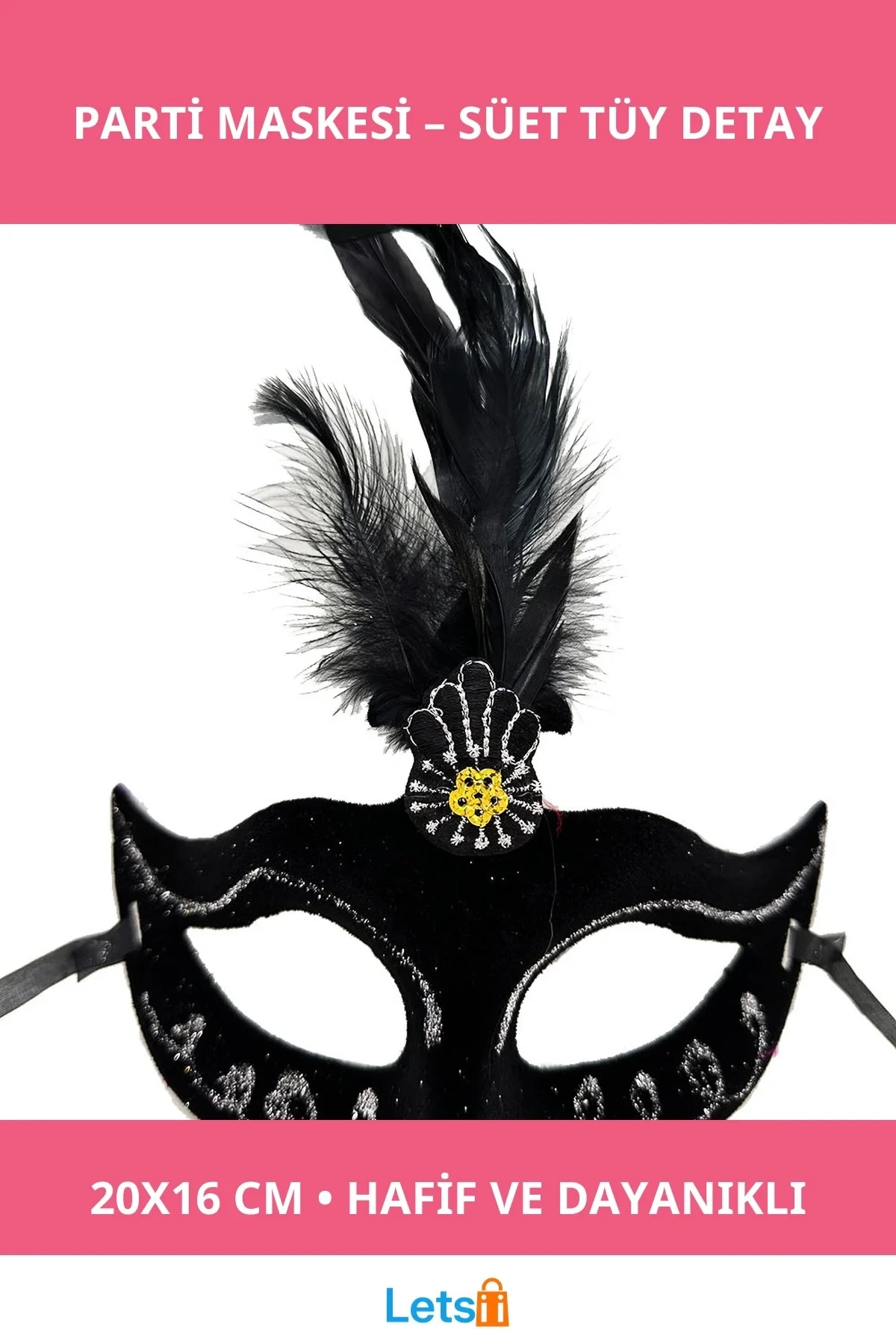 Siyah Tüylü Şık Süet Parti Maskesi 20x16 cm