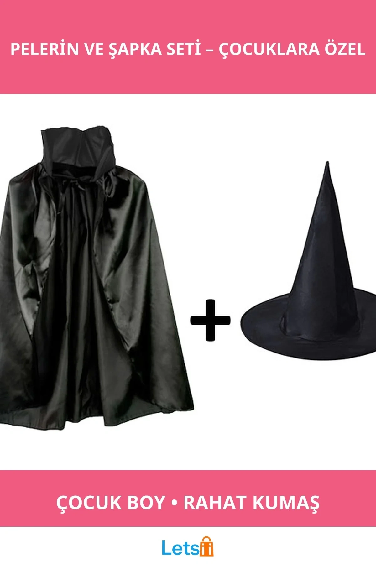 Siyah Yakalı Pelerin ve Cadı Şapkası Seti Çocuk Kostümü