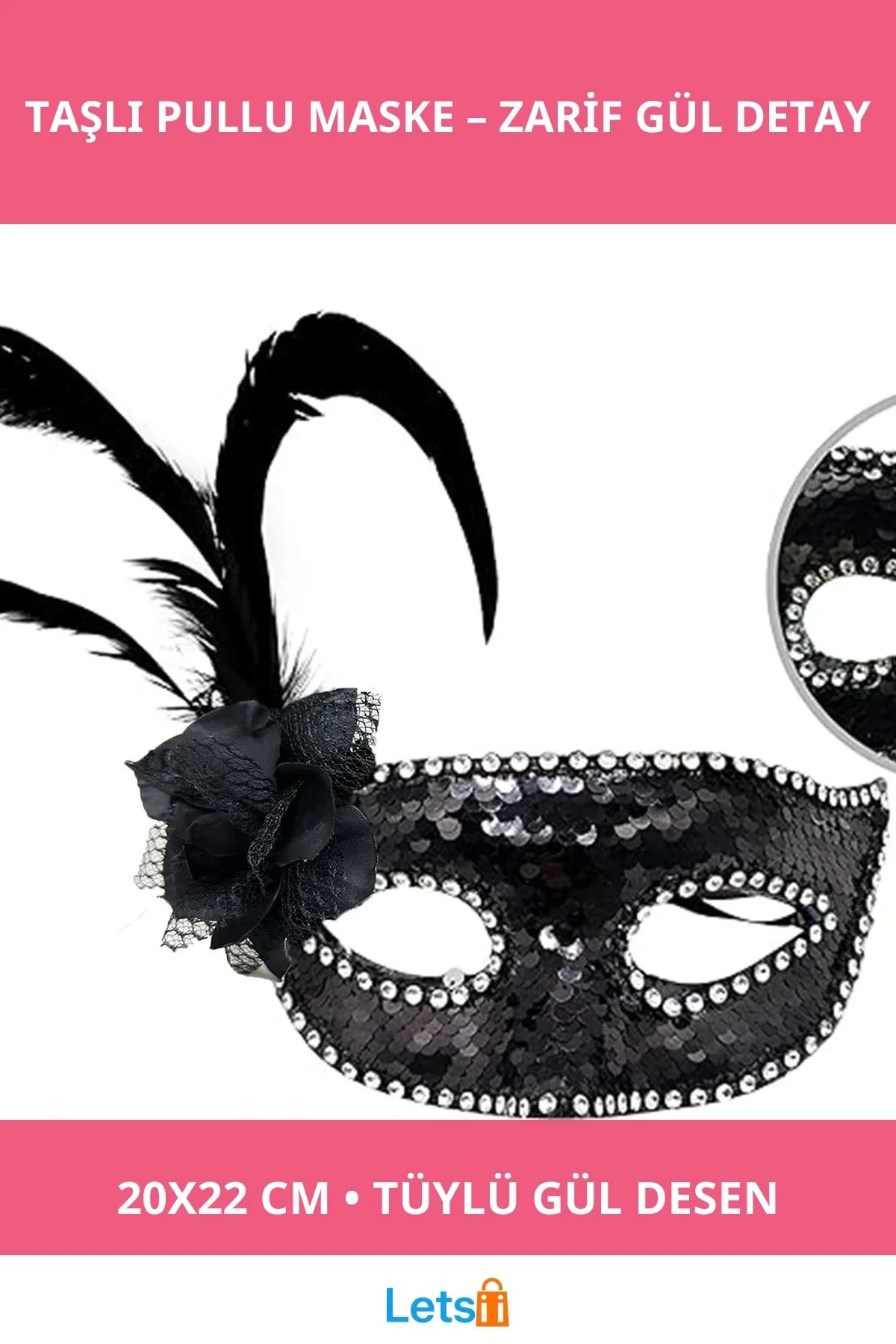 Siyah Yandan Tüylü Güllü Taşlı Pullu Maske