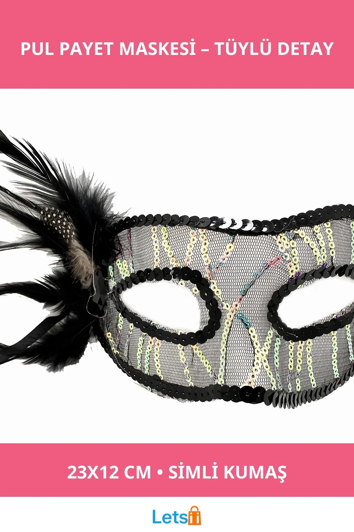 Siyah Yandan Tüylü Pul Payet Maskesi Parti Etkinlikleri İçin