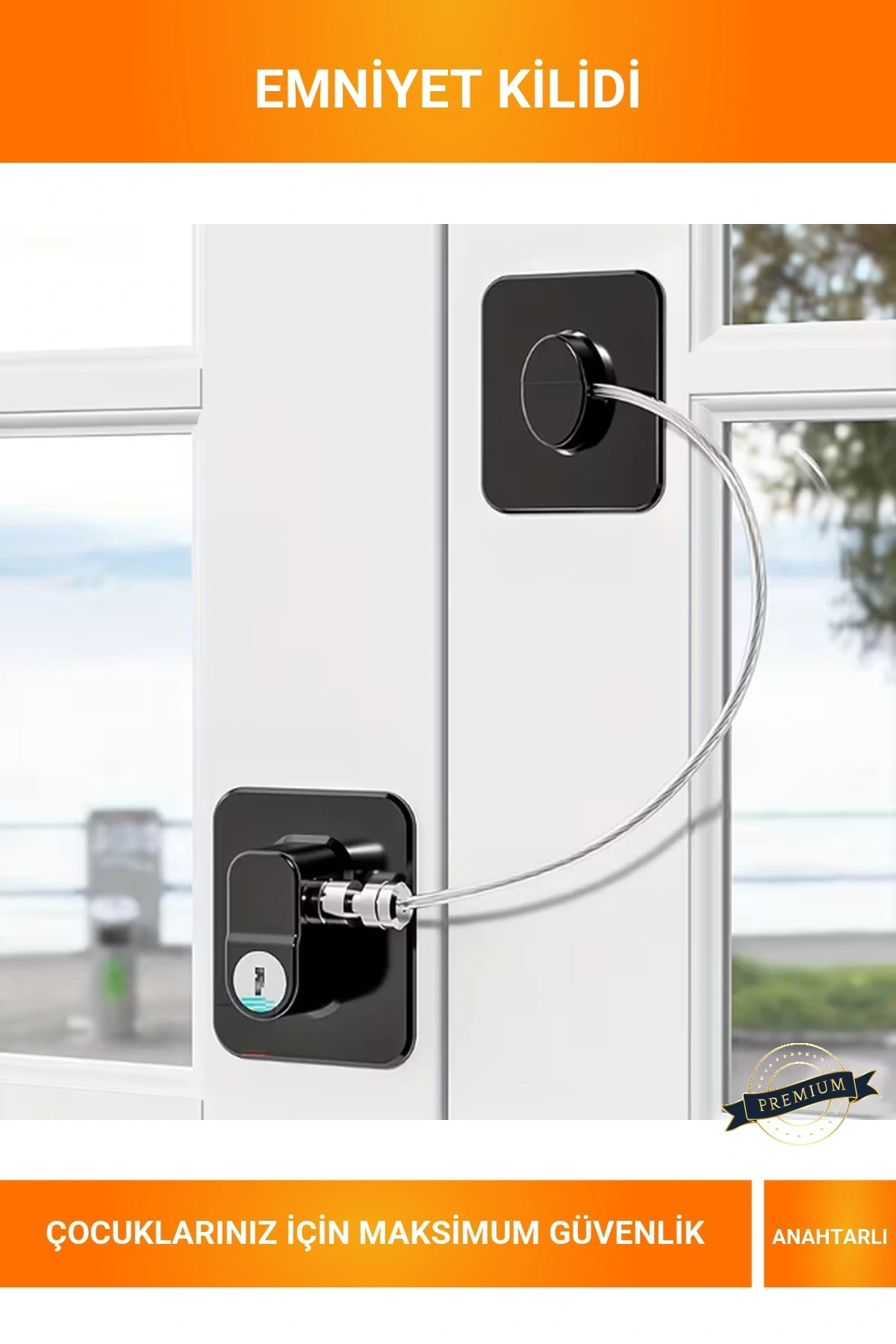 Siyah Yapışkanlı Çelik Halatlı Pencere Çocuk Güvenlik Kilidi Anahtarlı Dolap Emniyet Kilidi 18.8 cm