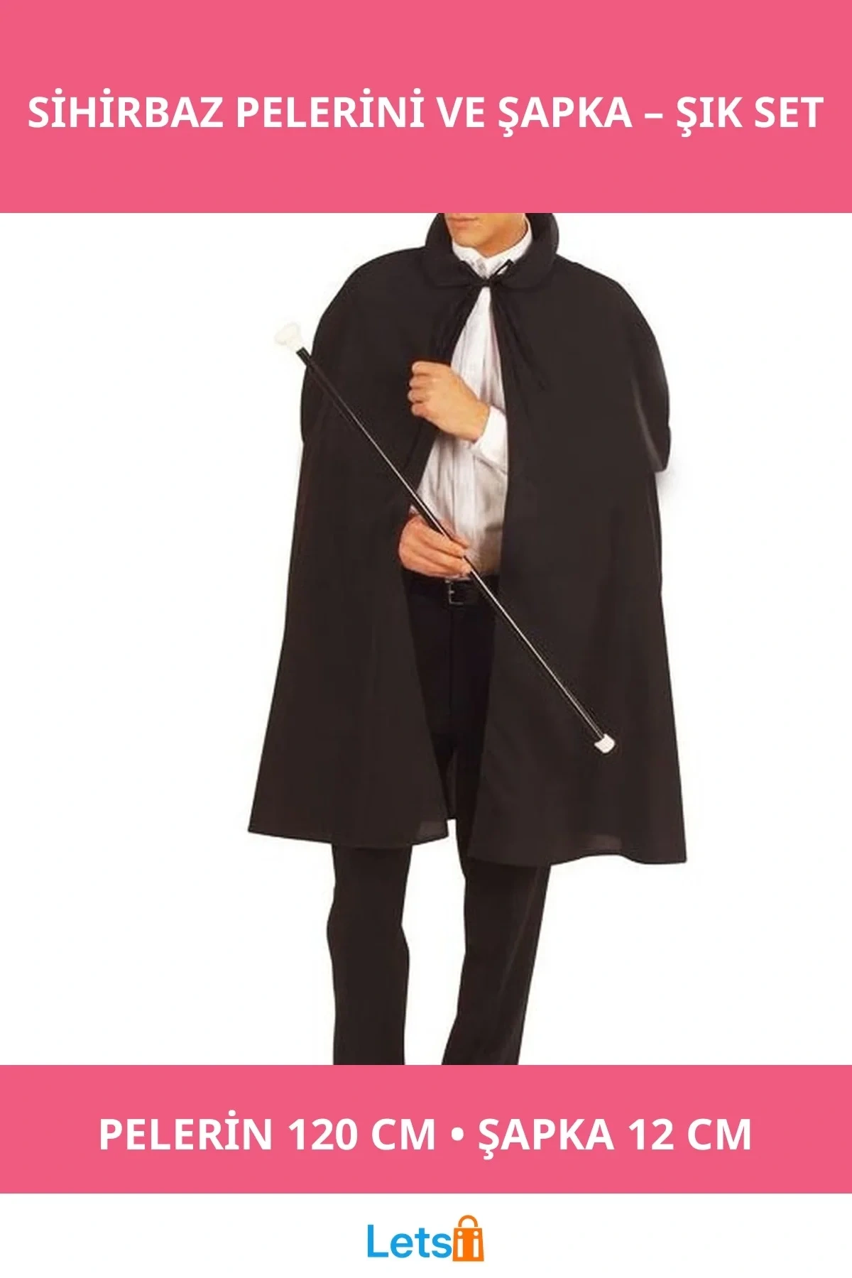 Siyah Yetişkin Sihirbaz Pelerini ve Şapkası 120 cm