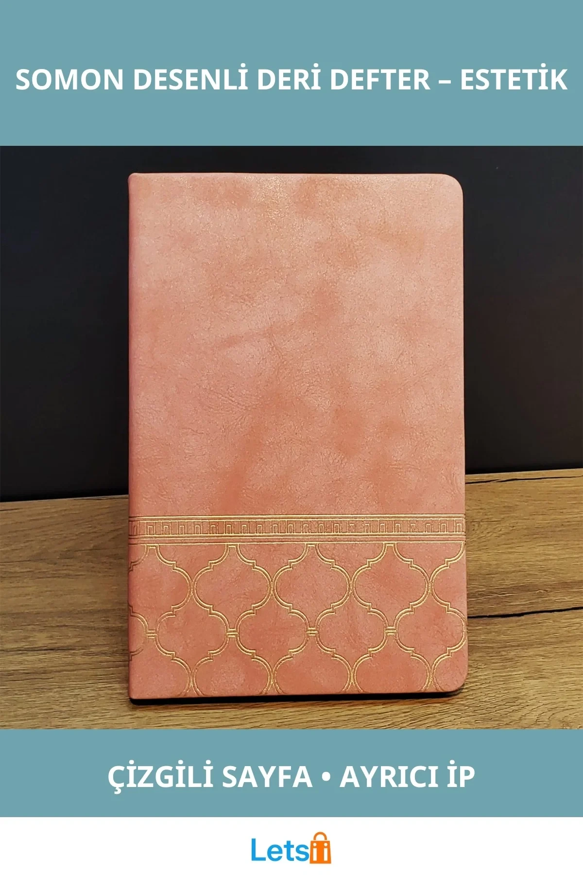 Somon Renkli Desenli Deri Defter 21x15 cm 96 Yaprak