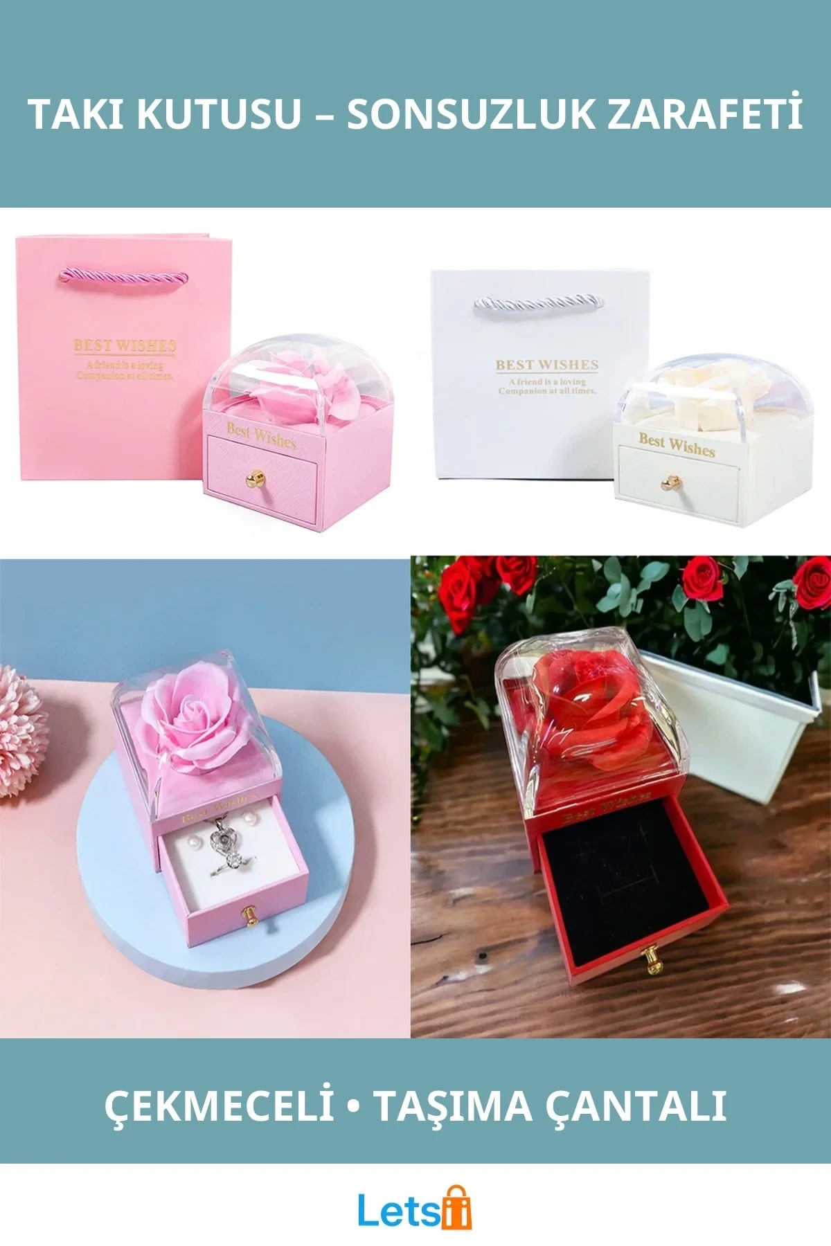 Sonsuzluk Gül Tasarımlı Şık Takı Kutusu Çekmeceli Ahşap