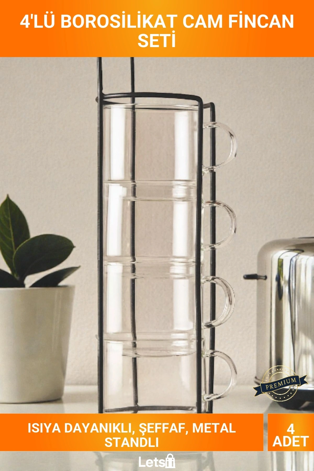 Standlı Borosilikat Cam 4lü Isıya Dayanıklı Modern Kahve Çay Fincan Seti Metal Stand Dahil