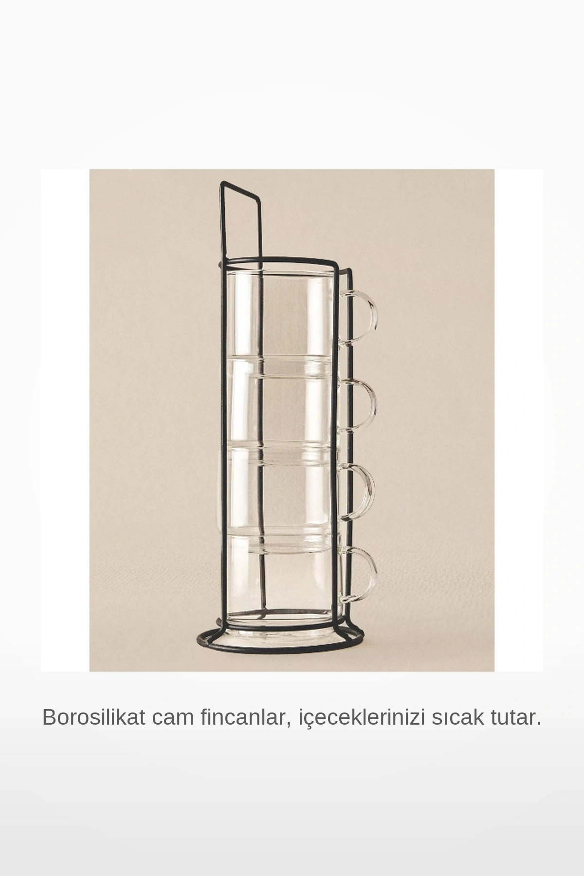 Standlı Borosilikat Cam 4lü Isıya Dayanıklı Modern Kahve Çay Fincan Seti Metal Stand Dahil