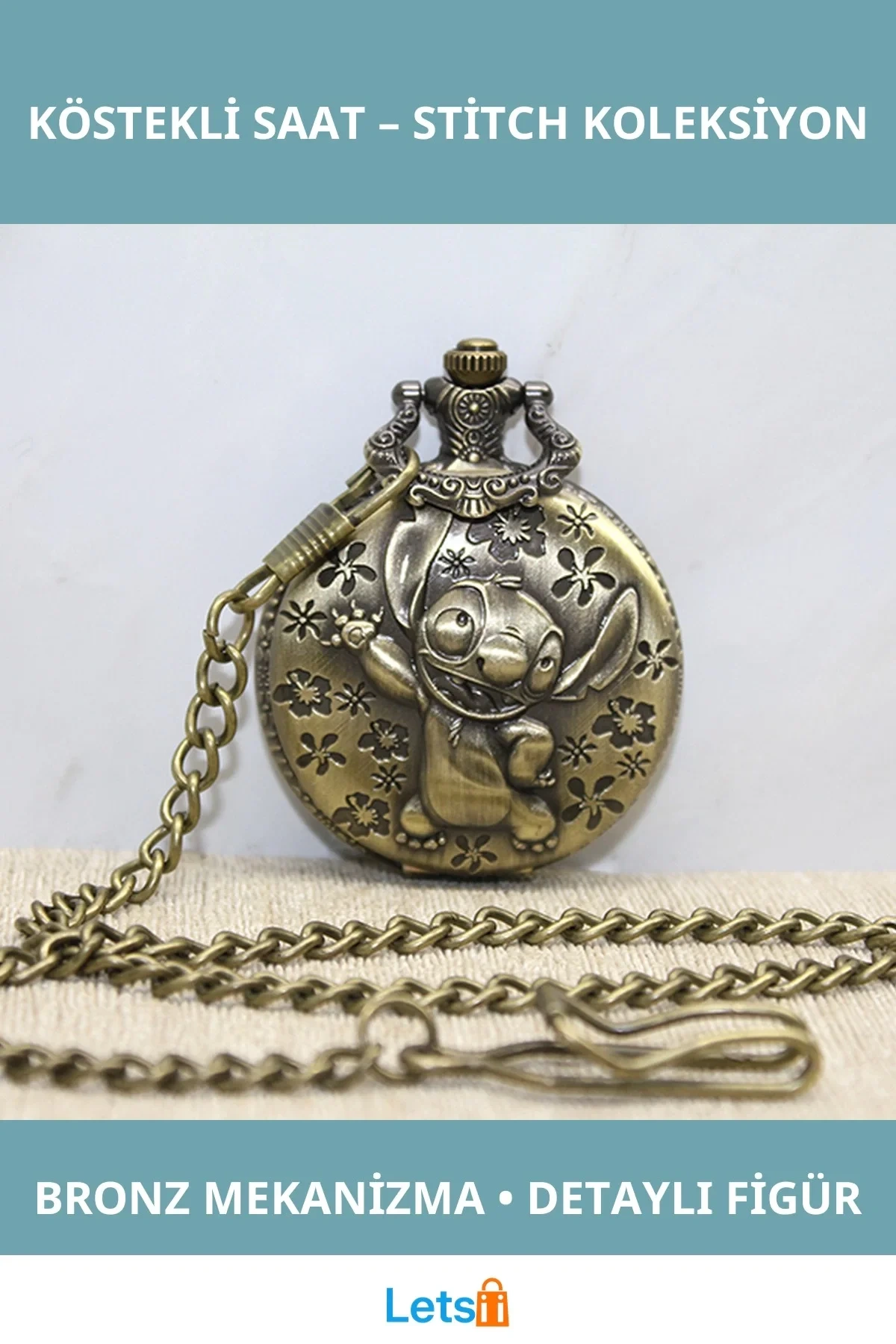 Stitch Tasarımlı Vintage Bronz Renk Köstekli Saat