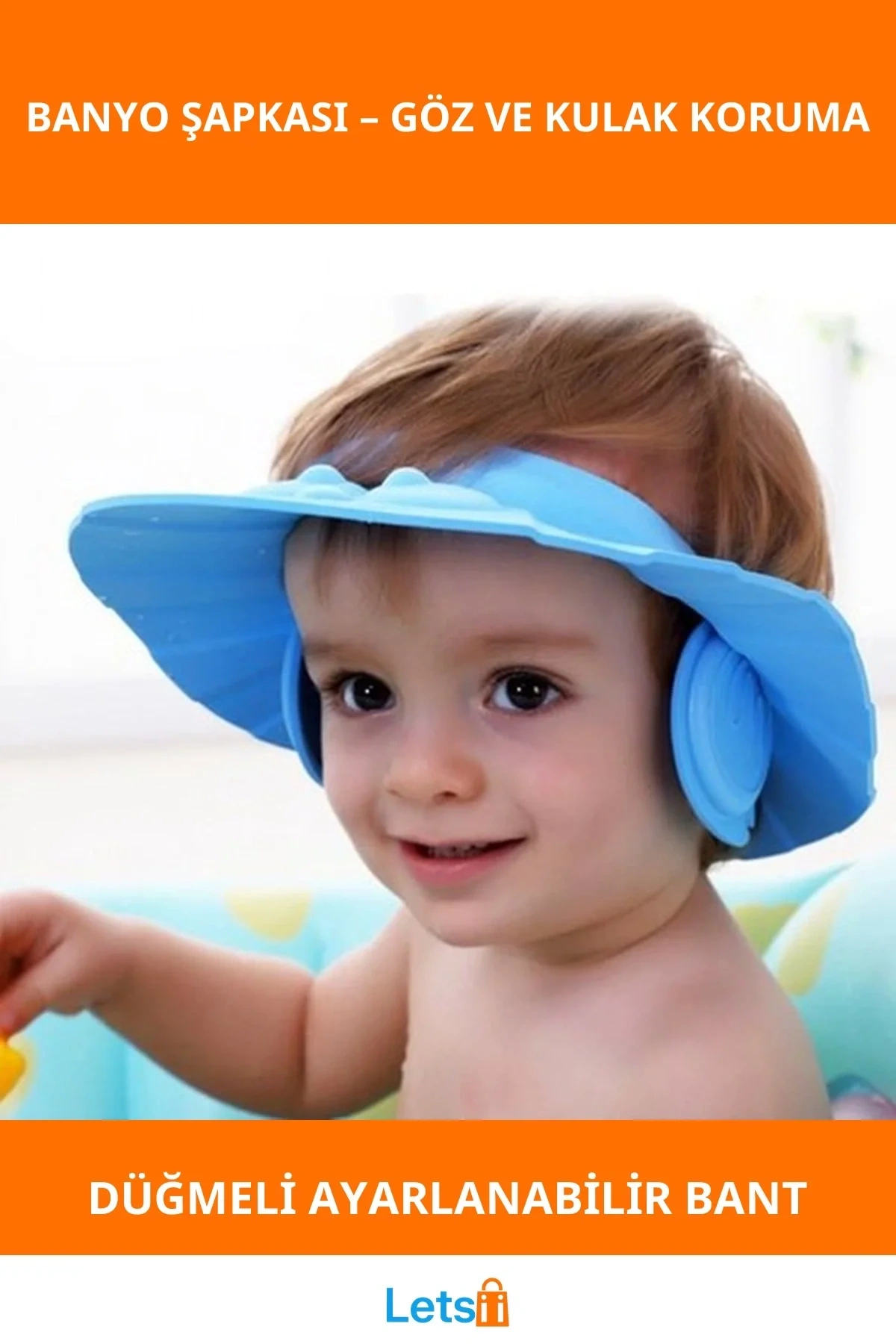 Su Geçirmez Bebek Banyo Şapkası Düğmeli Kulaklıklı Mavi