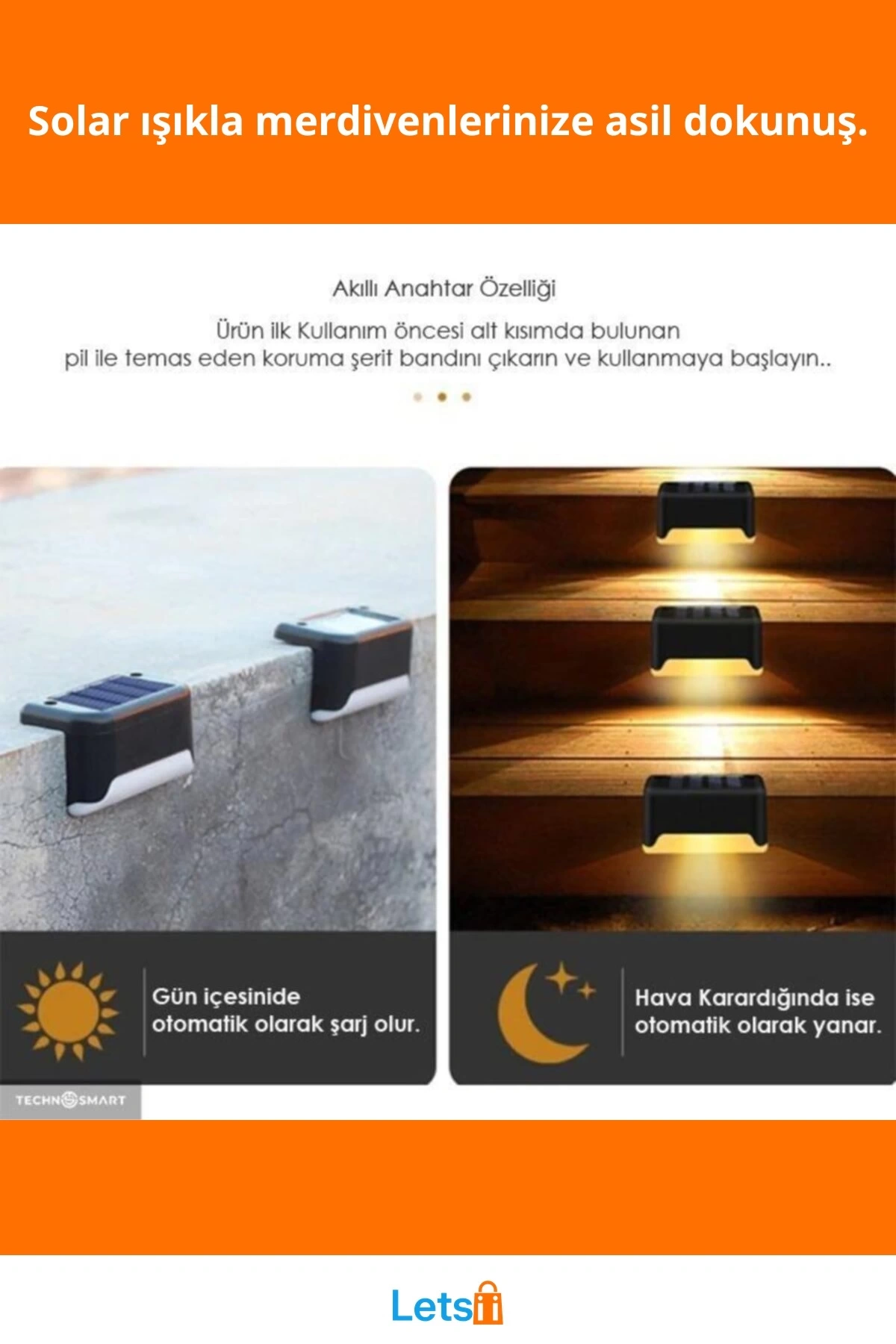 Su Geçirmez Güneş Enerjili Merdiven Lambası 4 Adet