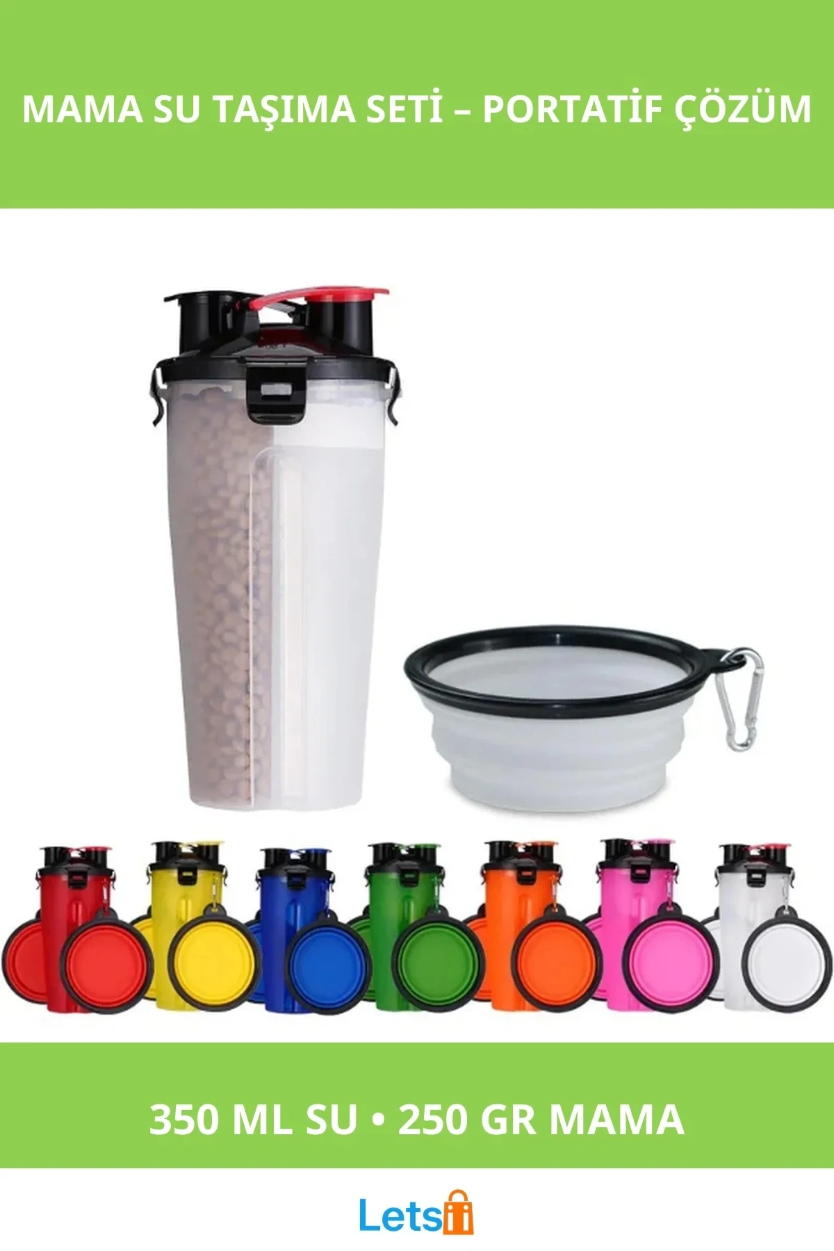 Su Geçirmez Portatif Evcil Hayvan Mama ve Su Taşıma Kabı 350ml 250gr