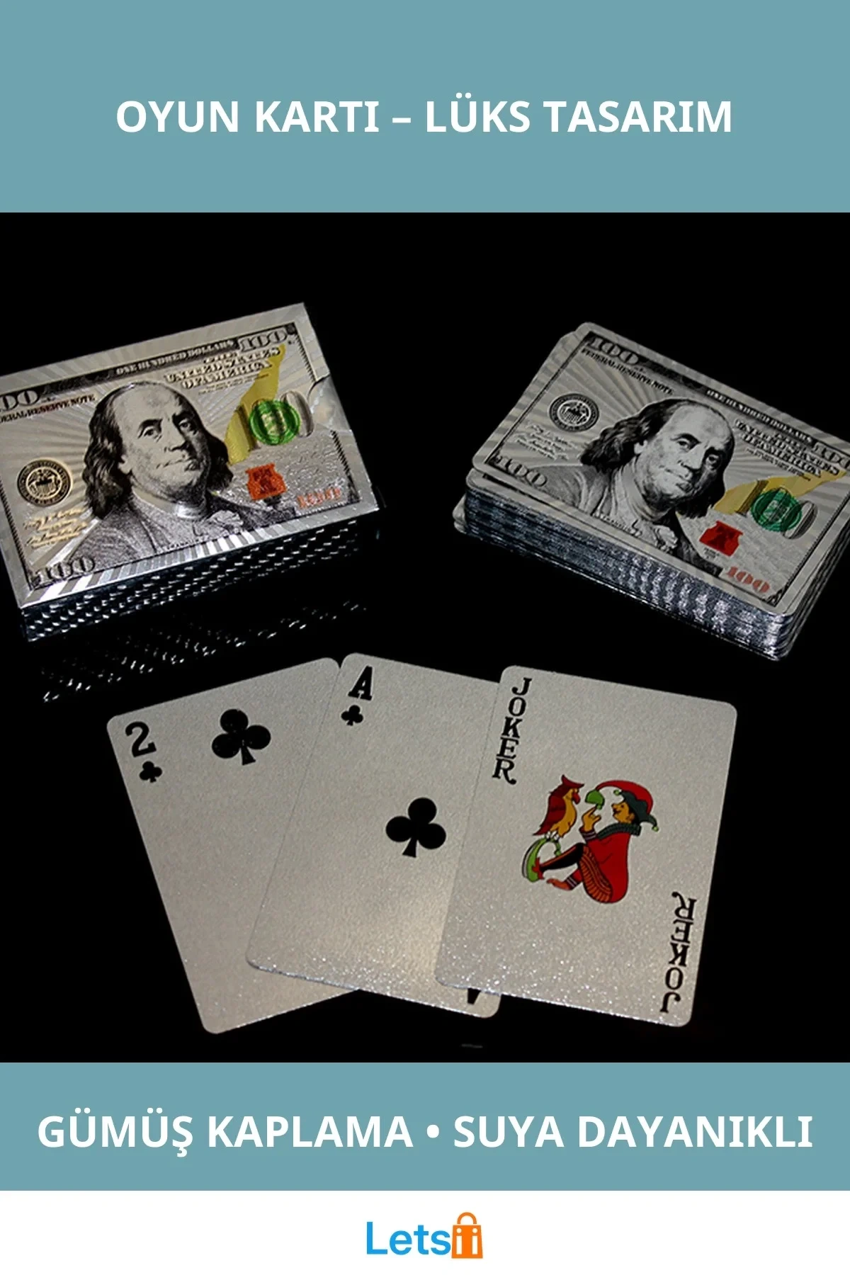 Suya Dayanıklı Lüks Gümüş Dolar Oyun Kartı